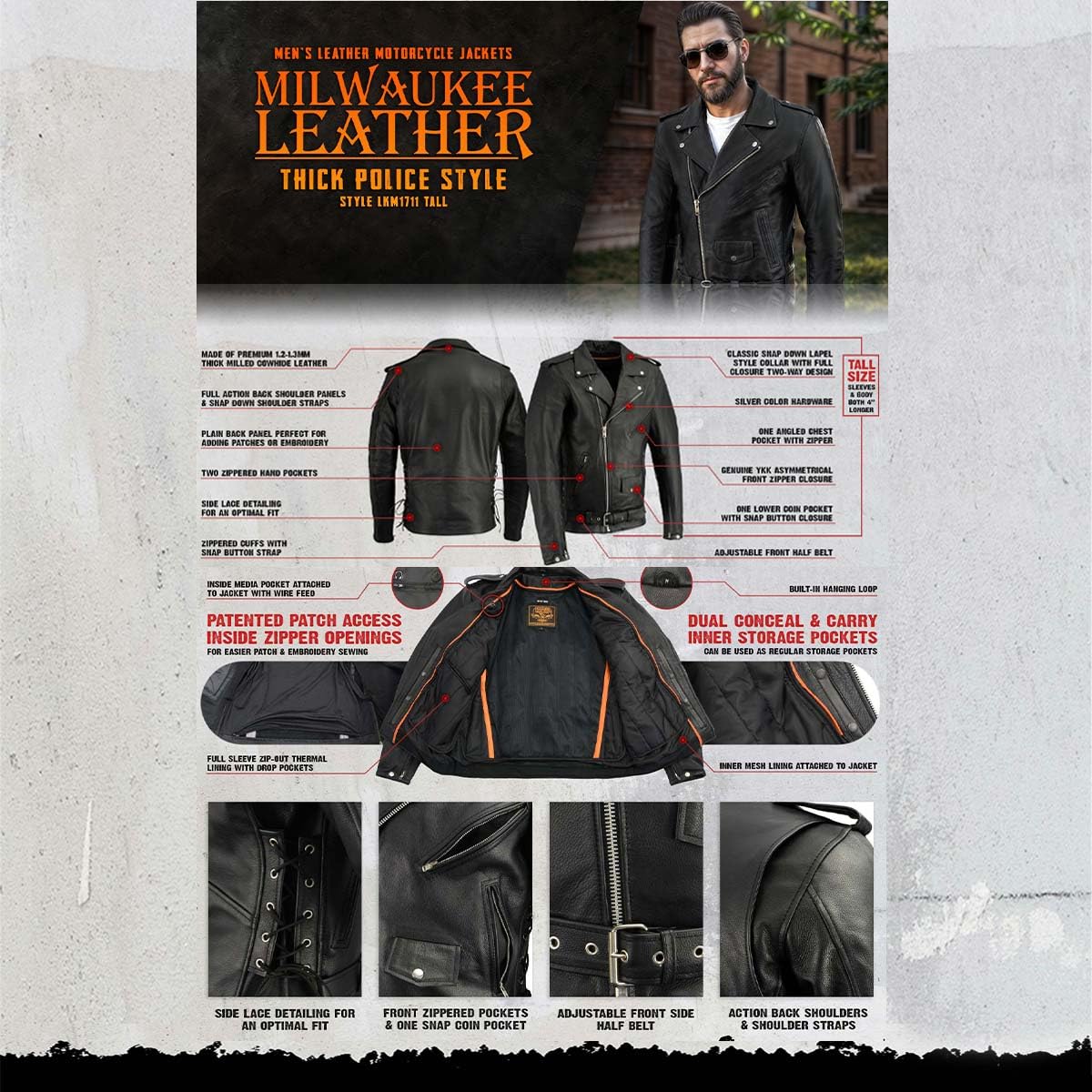 Milwaukee Leather LKM1711TALL Men's Black Tall-Size Police Style Leather Jacket with Side Lace | Motorcycle Riding, Law Enforcement & Casual Wear