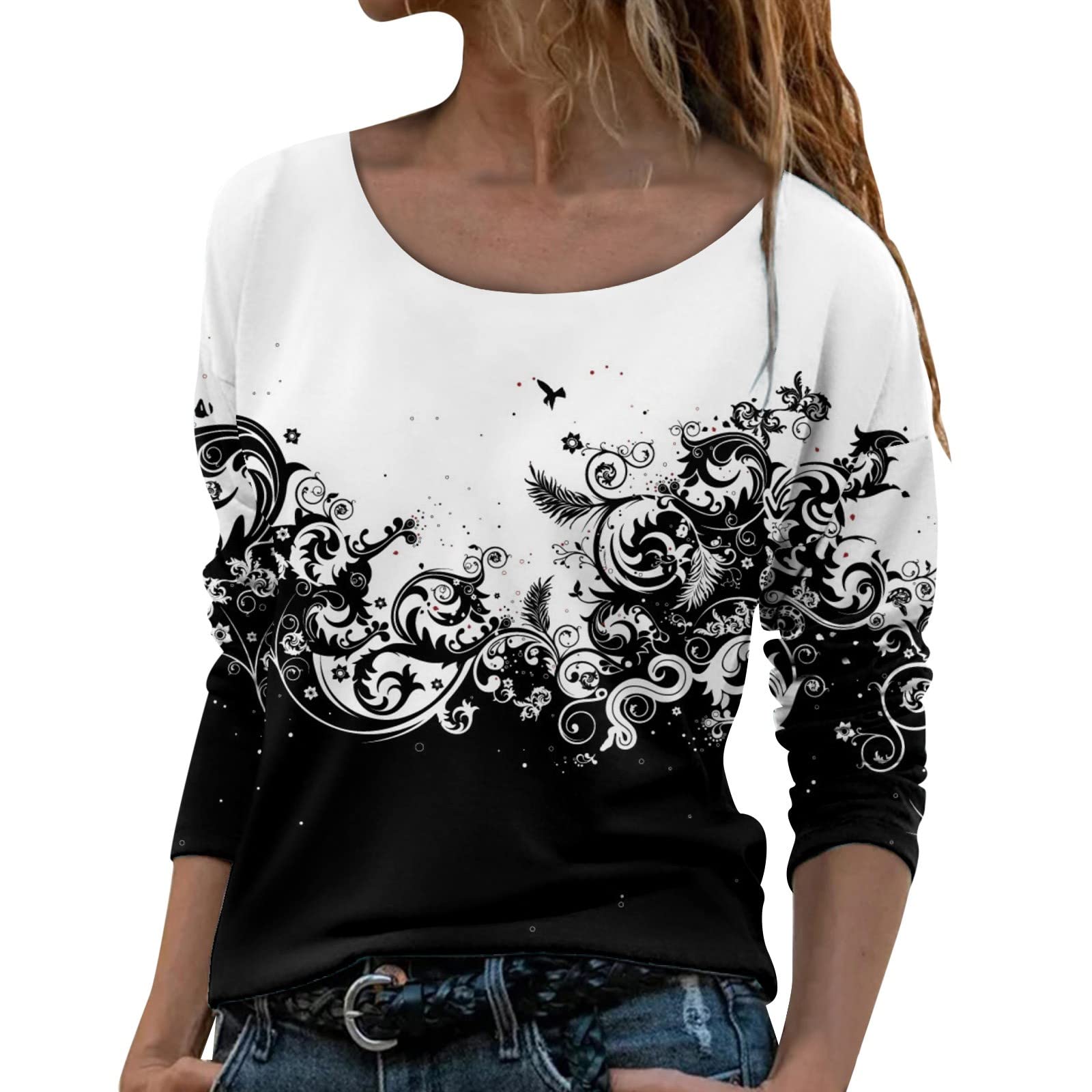 Smileyth Women's Floral Printed Dress - Long Sleeve Feather Print T-Shirt with Scenery Painting Design | Casual Round Neck O-Neck Sweatshirt Top | Perfect for Spring Outfits, Date Nights & Office Wear (White, Medium)