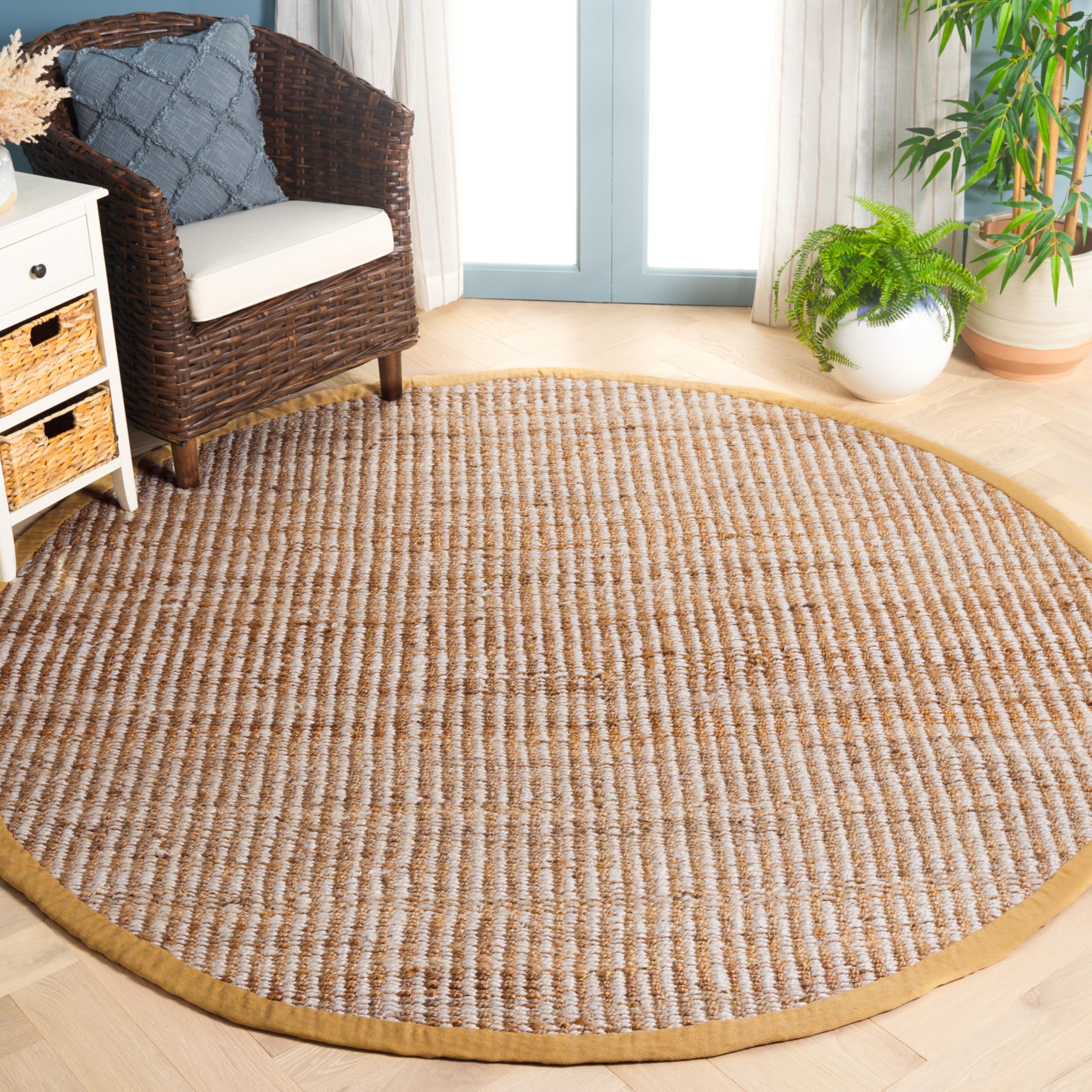 SAFAVIEH Handmade Jute Area Rug 7' Round Ivory NF734A - Natural Fiber Farmhouse Stripe Design for Living Room, Bedroom & Home Decor
