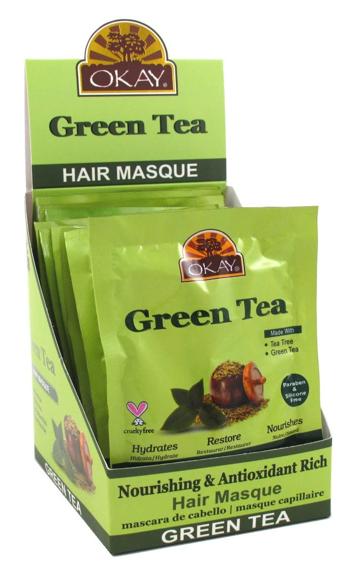 Okay Hair Masque Packettes Green Tea - Deep Conditioning Treatment for Dry & Damaged Hair (12 Pack) | At-Home Salon Quality Hair Care for Smooth & Shiny Locks