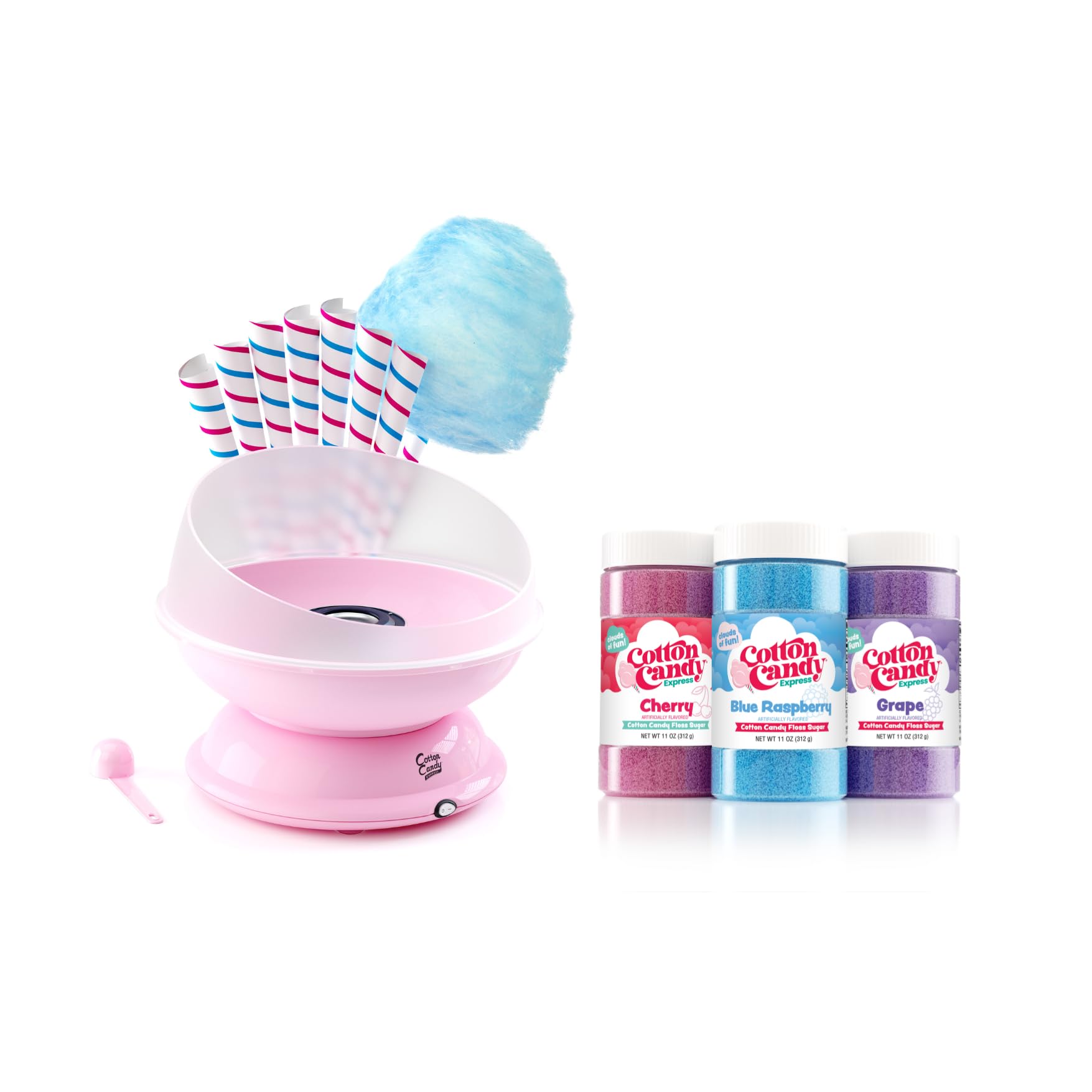 Cotton Candy Express Floss Sugar Variety Pack - 3 Flavors (Cherry, Blue Raspberry, Grape) 11oz Jars with CC1000-S Cotton Candy Machine - Perfect for Birthday Parties, Carnivals & Home Treats