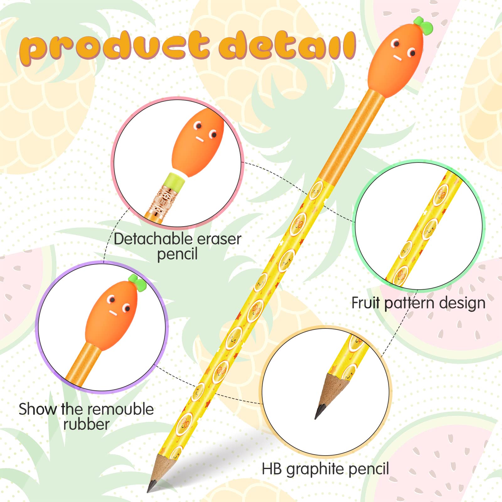 Leinuosen 30-Pack Scented Cartoon Fruit Pencil Toppers with 12 Erasers - Fun School Supplies for Kids Classroom & Homework Organization