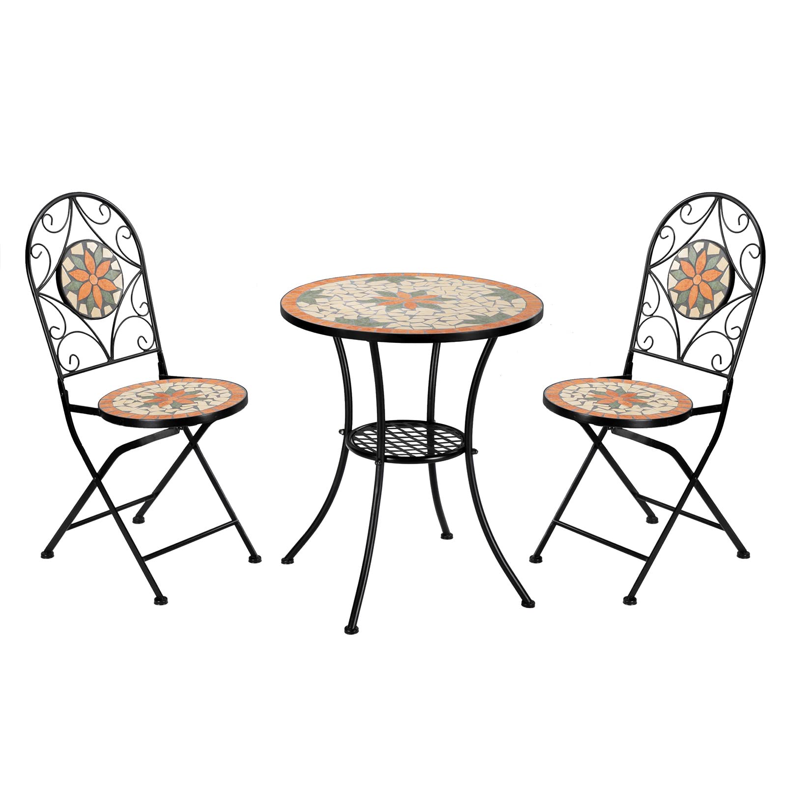 VINGLI 3-Piece Outdoor Bistro Set - Black Iron Frame Mosaic Garden Patio Table with 2 Folding Chairs | Perfect for Backyard, Balcony, Poolside & Cafe Dining