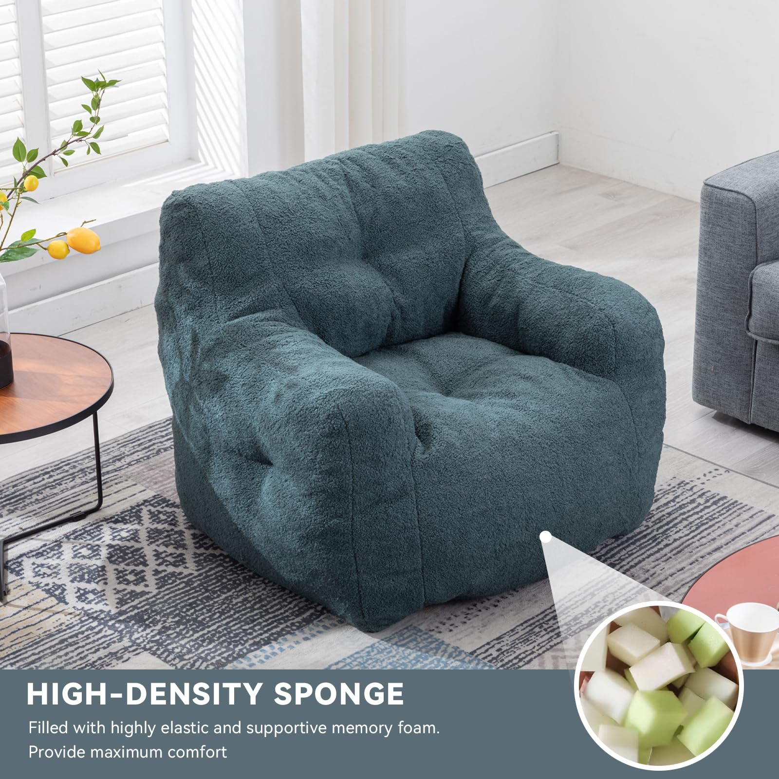 FOXHUNTER Memory Foam Bean Bag Chair for Adults - Oversized Tufted Fluffy Sofa with Soft Stuffed Filling - Comfy Lazy Chair for Dorm, Living Room & Apartment (Teddy Green) - Perfect for Lounging, Gaming & Relaxing
