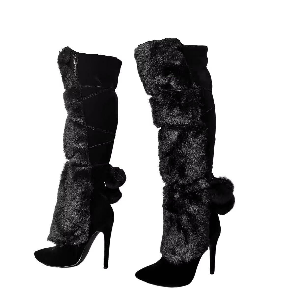 Frankie Hsu Women's Faux Fur Knee High Winter Boots - Sexy Plush Fuzzy Wide Calf Long Boots for Big Size US 4-14 - Perfect for Cold Weather, Snow Days & Fashion Outfits