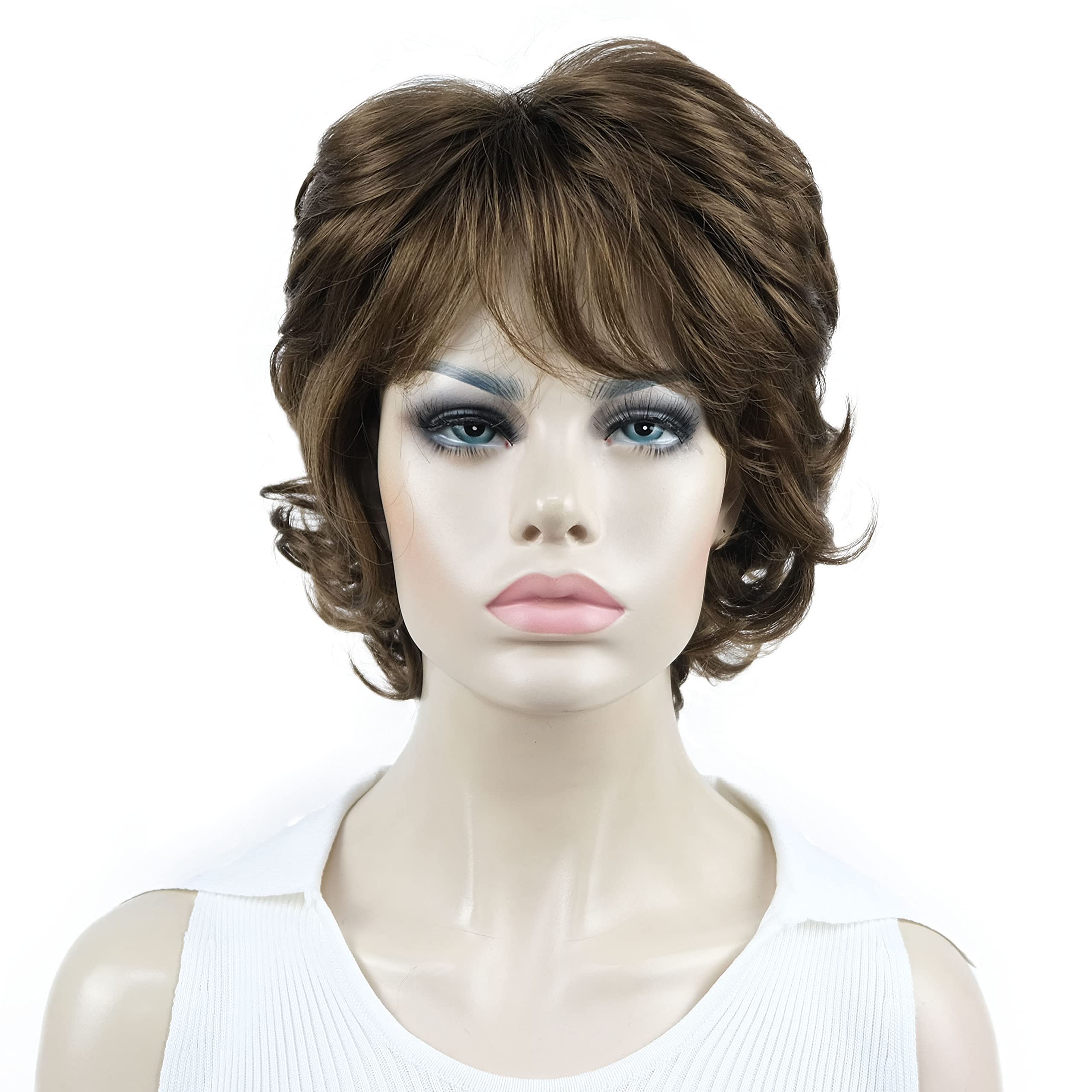 Aimole Short Curly Synthetic Wig for Women - Medium Golden Brown Layered Bangs Wig | Heat Resistant & Natural Look | Perfect for Cosplay, Daily Wear & Halloween Costumes