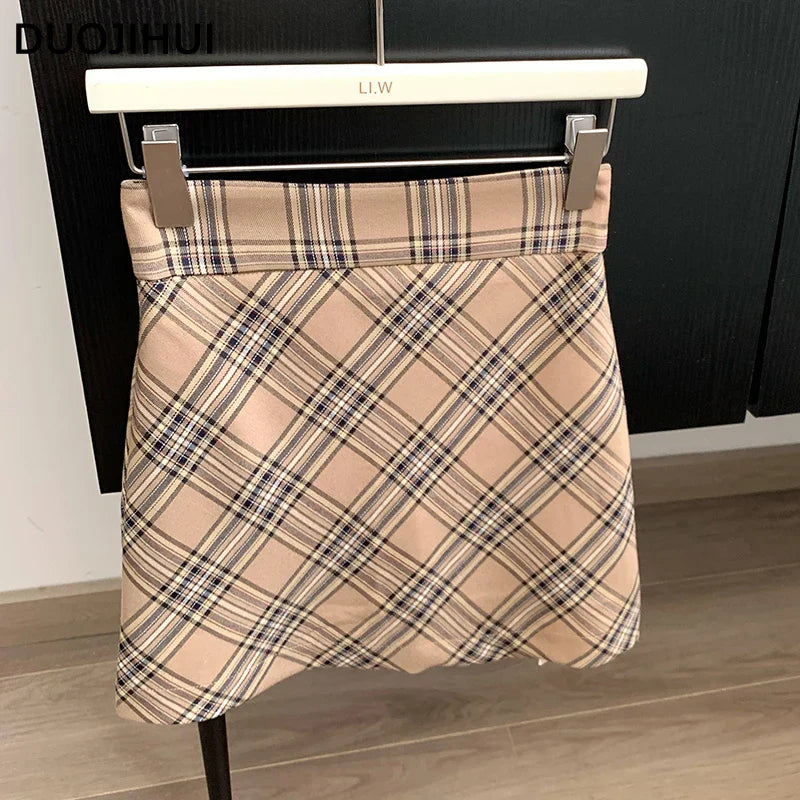 DUOJIHUI Classic Plaid A-Line Mini Skirt for Women - High Waist Slim Fit Casual Fashion Skirt | Perfect for Office, Dating & Summer Outfits