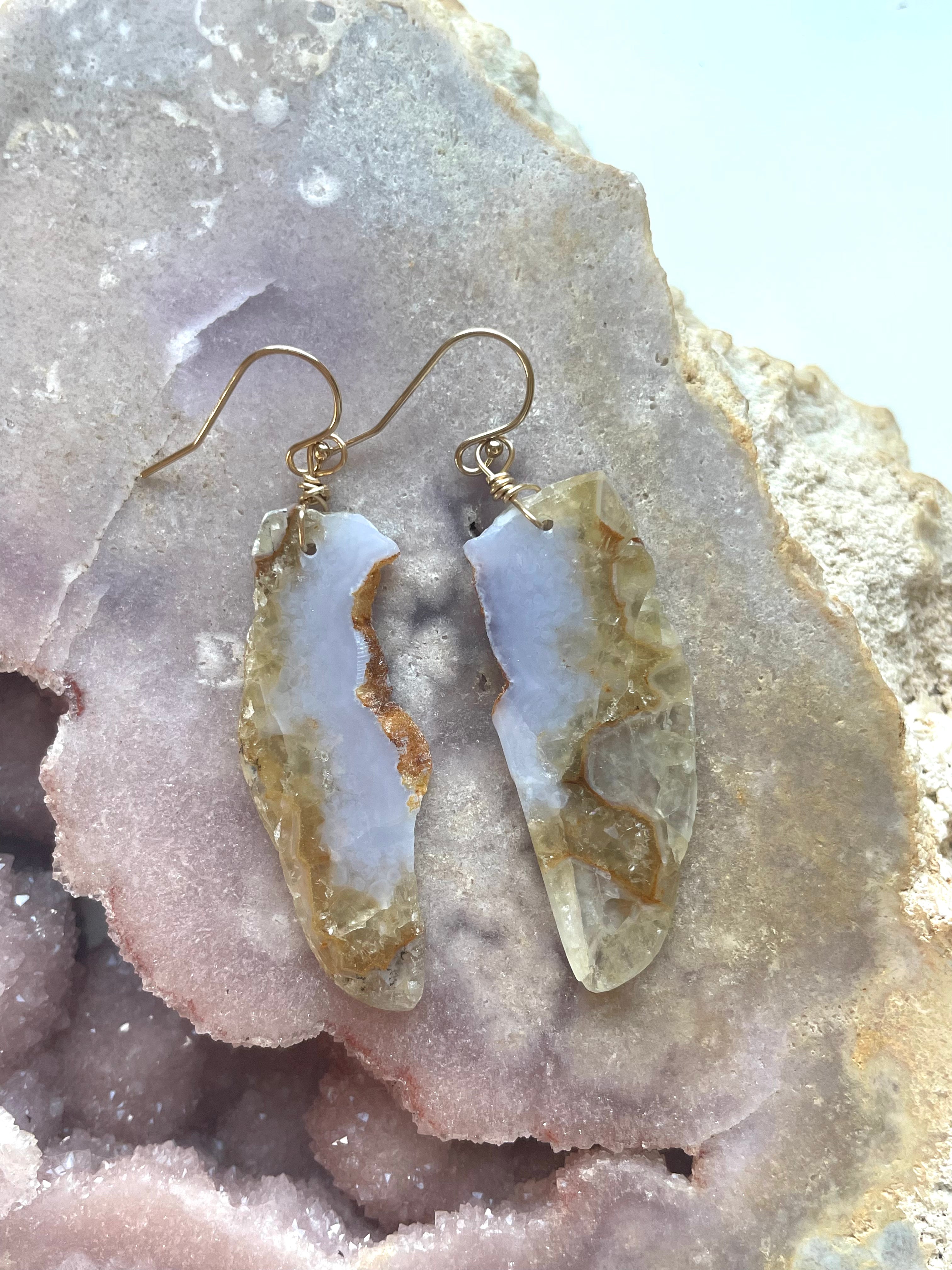 Large Blue Lace Agate Gold Filled Statement Crystal Gemstone Earrings for Women | Elegant Dangle Earings for Party, Wedding & Special Occasions | Handmade Boho Jewelry Gift