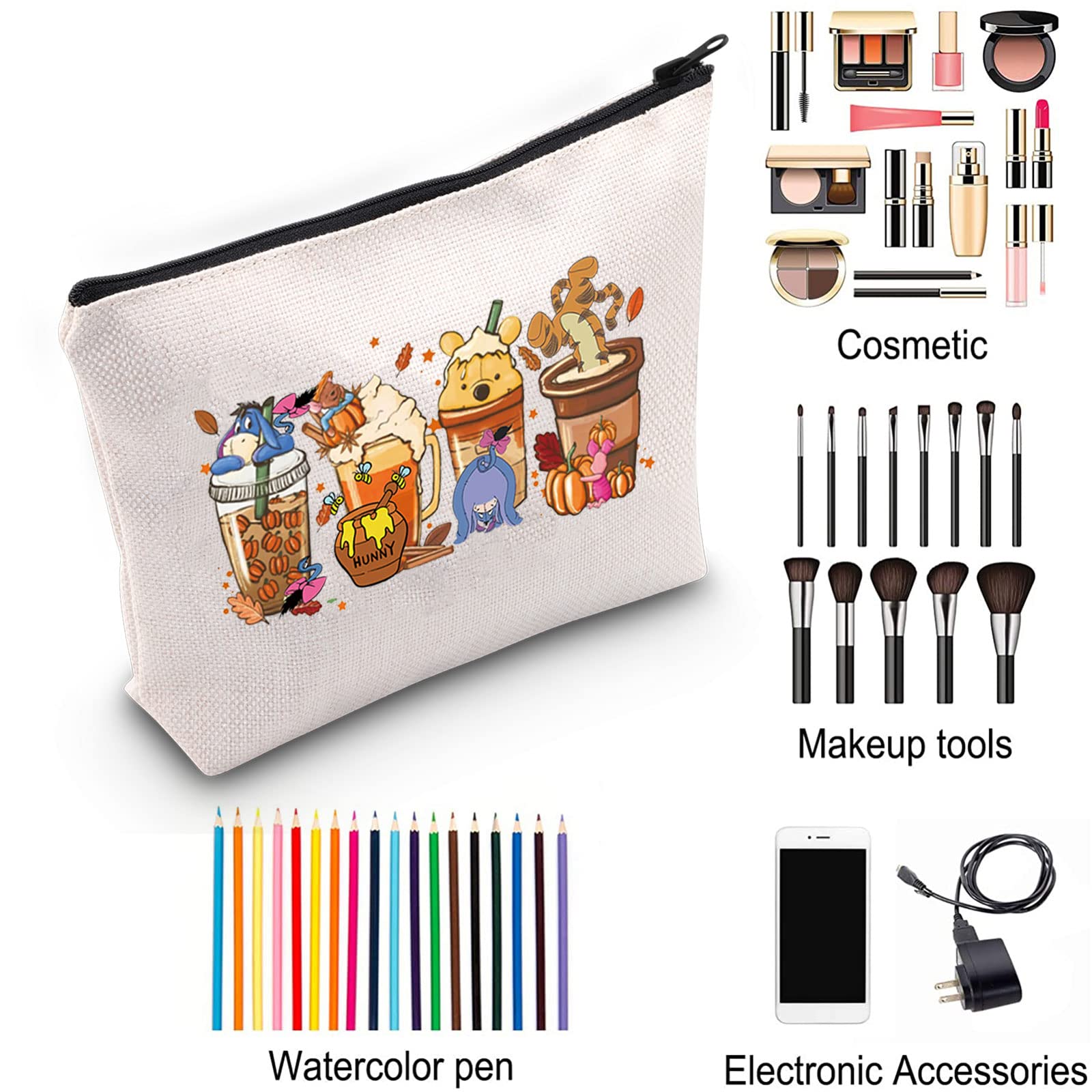 Pooh Bear Cosmetic Bag - Cute Cartoon Coffee Cup Makeup Pouch with Zipper | Winnie the Pooh & Friends Toiletry Bag (Pooh Cup Design) - Perfect for Travel, Gym & Daily Makeup Storage