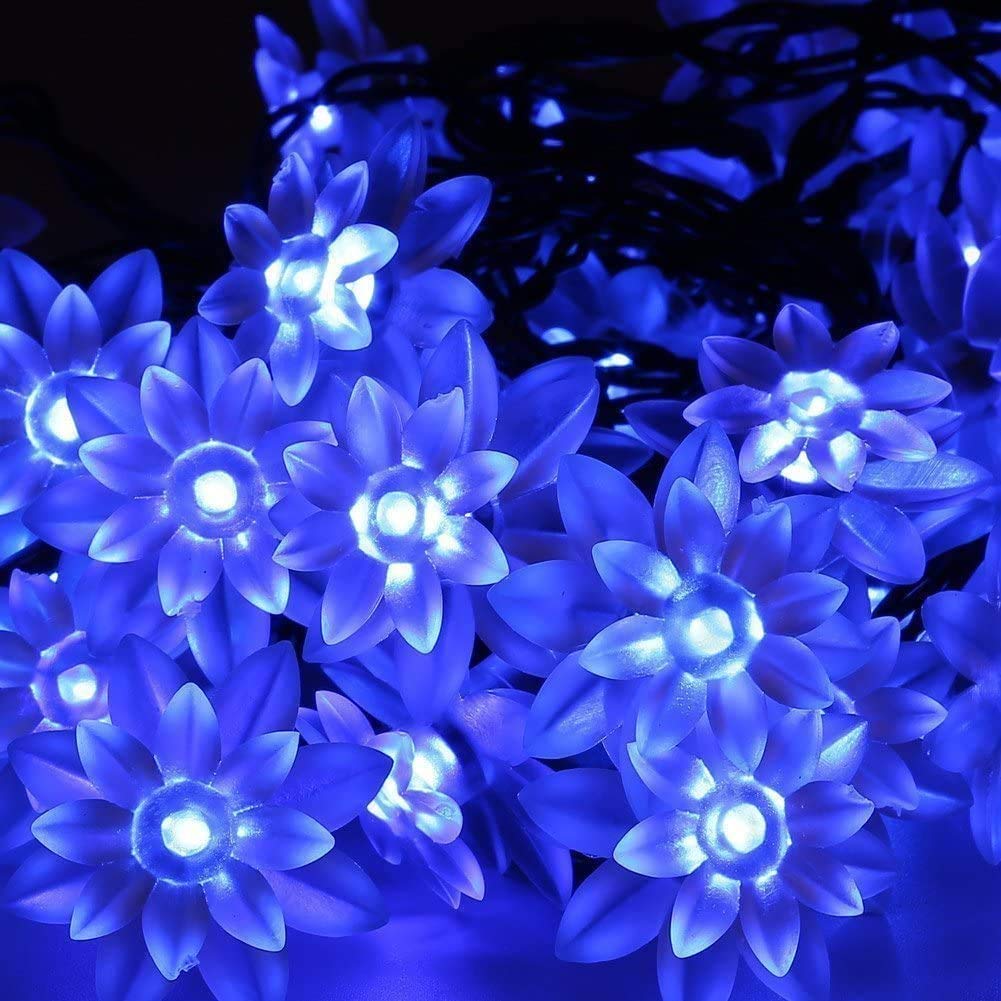 Solar Powered Outdoor String Lights - 50 LED Waterproof Lotus Flower Fairy Lights, 21ft for Garden, Patio, Wedding & Christmas Decor (Blue) | Perfect for Backyard, Party, Holiday & Home Decoration