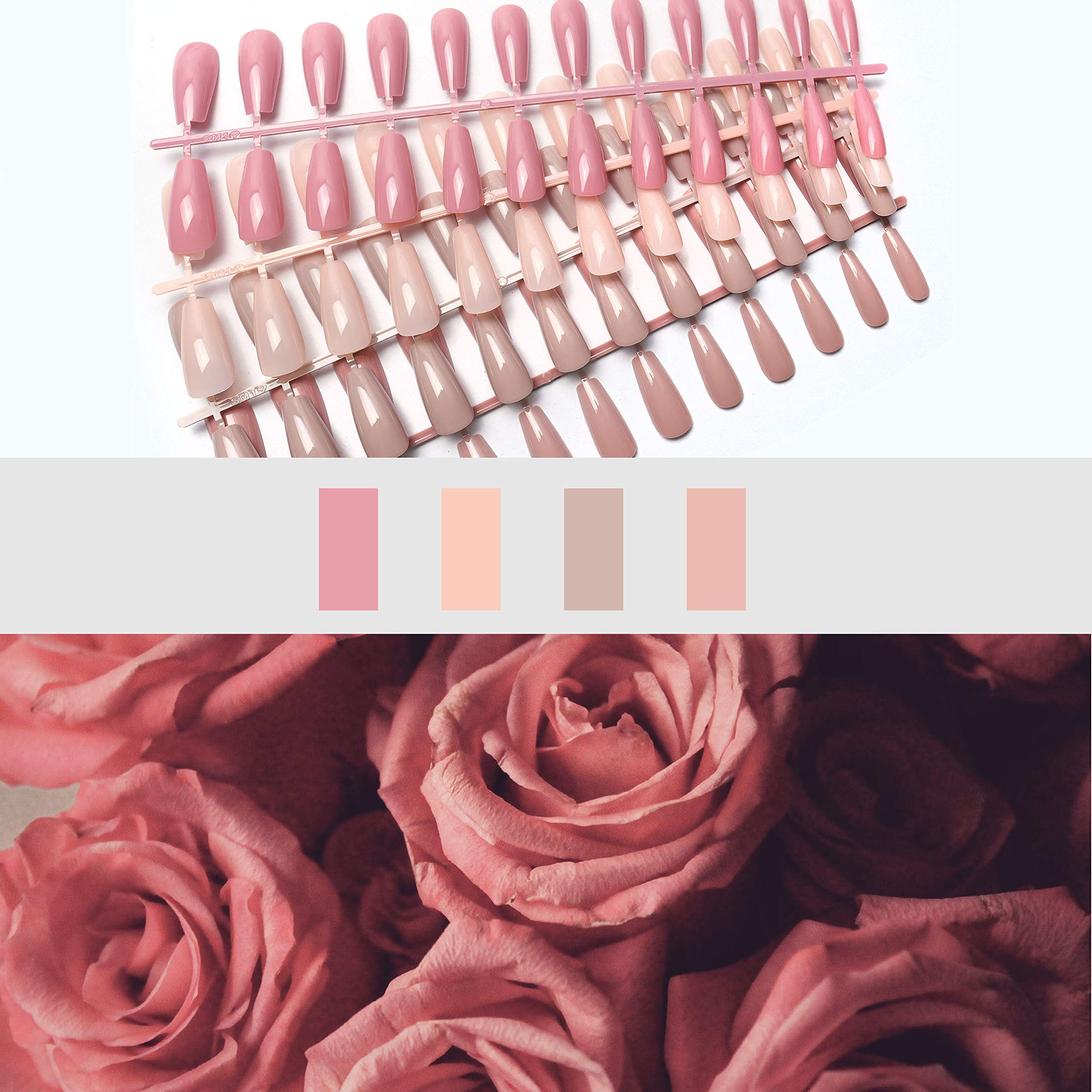 96 Pcs Colorful Fake Nails Set - 4 Pack Long Ballet Coffin Shape Acrylic Nails in Pink, Nude & Champagne | Full Cover Artificial Nails with UV Gel Coat | Perfect for Parties, Weddings & Special Occasions