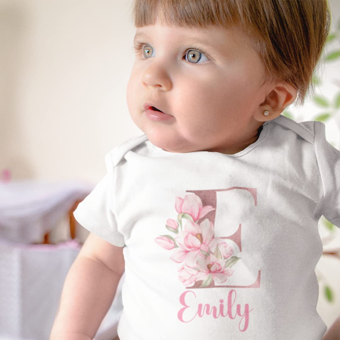 Personalized Baby Bodysuit for Girls 0-3 Months - Soft Pink Floral Short Sleeve Onesie | Newborn Baby Shower Gift, Cute Outfit for Daily Wear, Photo Shoots & Special Occasions
