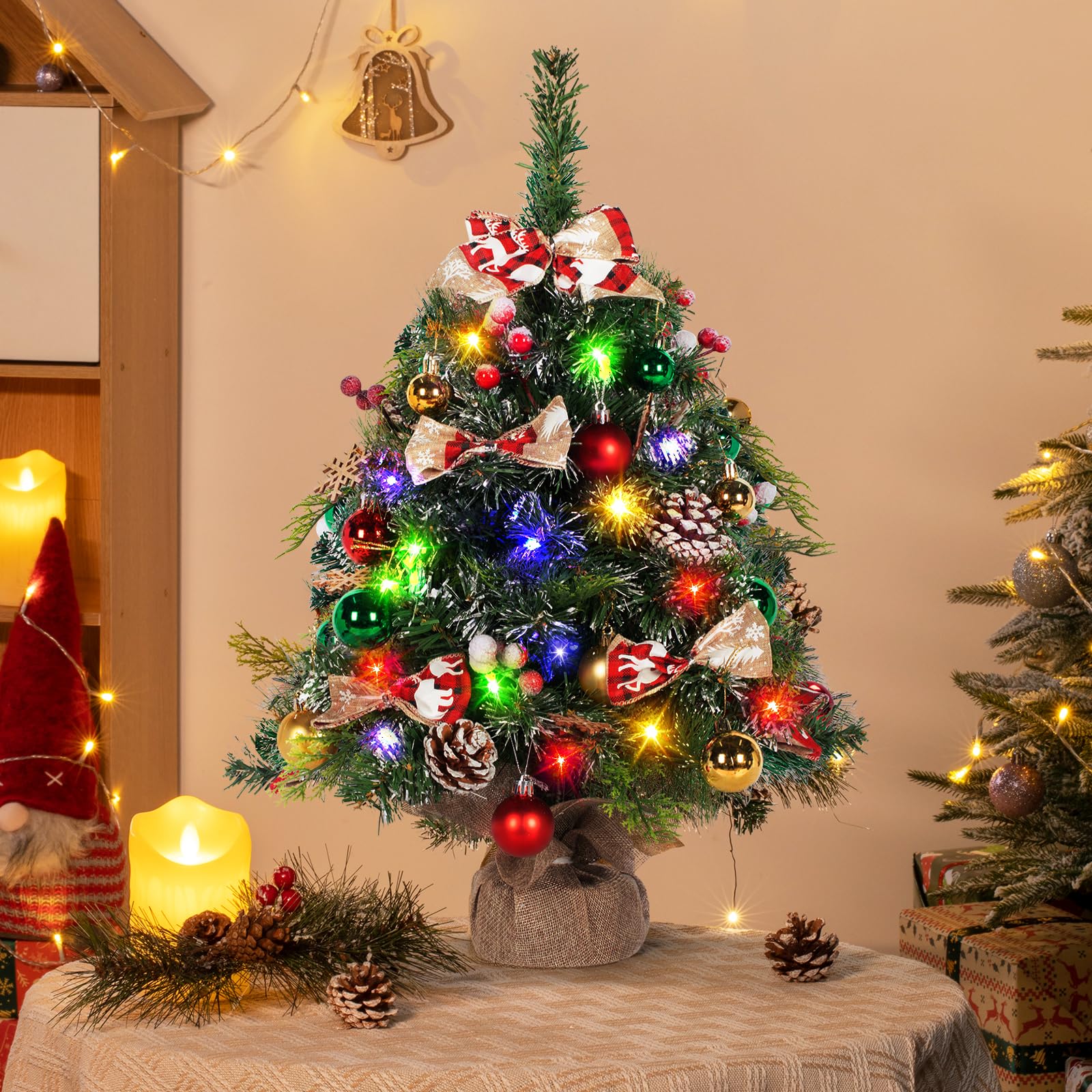 NALONE 24 Inch Mini Christmas Tree with Battery Operated LED Lights & Timer - Snow Dusted Artificial Tabletop Xmas Tree with 36 Ornaments, Pinecones & Red Berries - Perfect for Home, Office, Dorm & Holiday Decorations