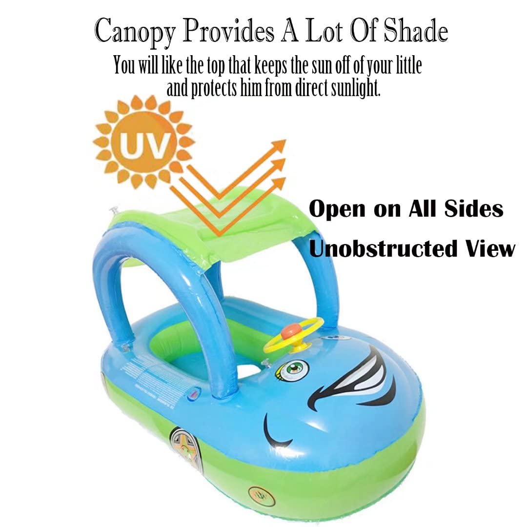 Inflatable Baby Pool Float with Canopy & Steering Wheel - Sunshade Swim Ring Boat for Toddlers & Kids - Perfect for Summer Swimming, Beach Trips and Backyard Pool Fun