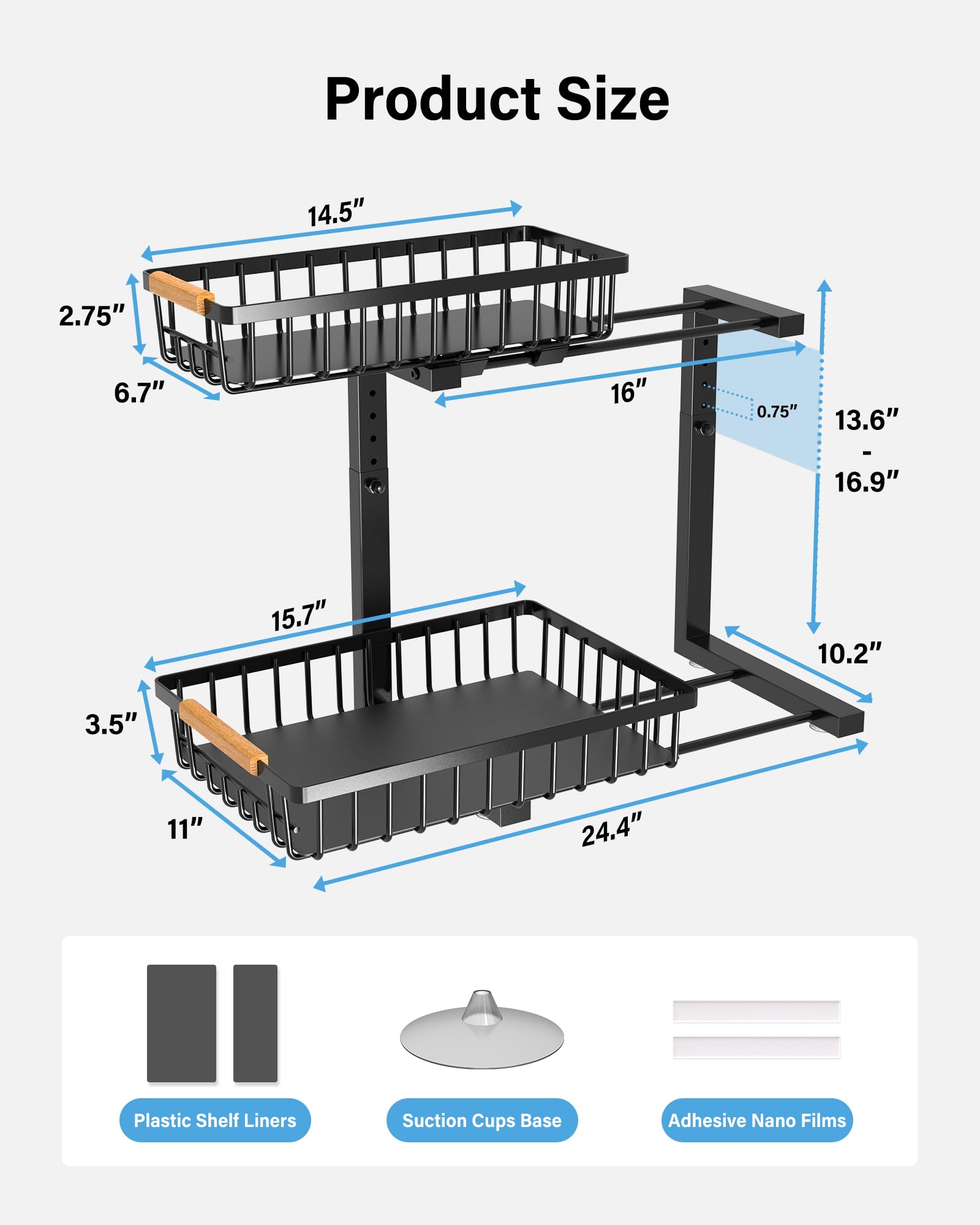 Under Sink Organizer Pull Out Storage - 2 Tier Sliding Metal Rack for Kitchen & Bathroom Cabinet (Black, 1 Pack) | Space Saving Solution for Sponges, Cleaners & Household Supplies