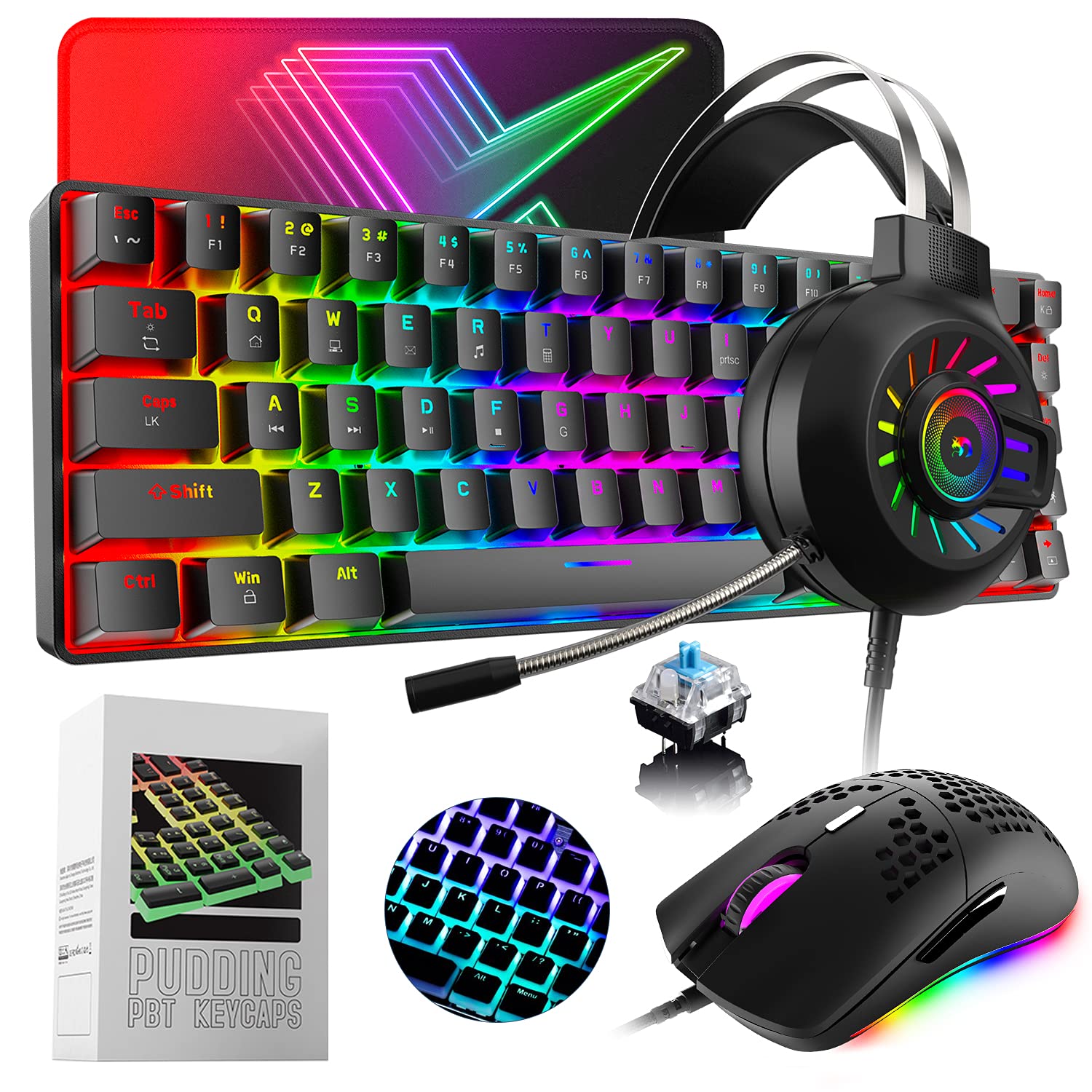 68-Key RGB Mechanical Gaming Keyboard Bundle - PC, Xbox, PS4 (Black/Blue) for Esports & Streaming