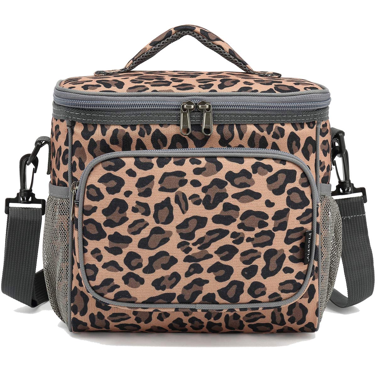 FlowFly Insulated Reusable Lunch Bag for Adults - Large Leopard Print Lunch Box with Adjustable Shoulder Strap, Front Zipper Pocket & Dual Mesh Side Pockets - Perfect for Office, School, Picnics & Travel