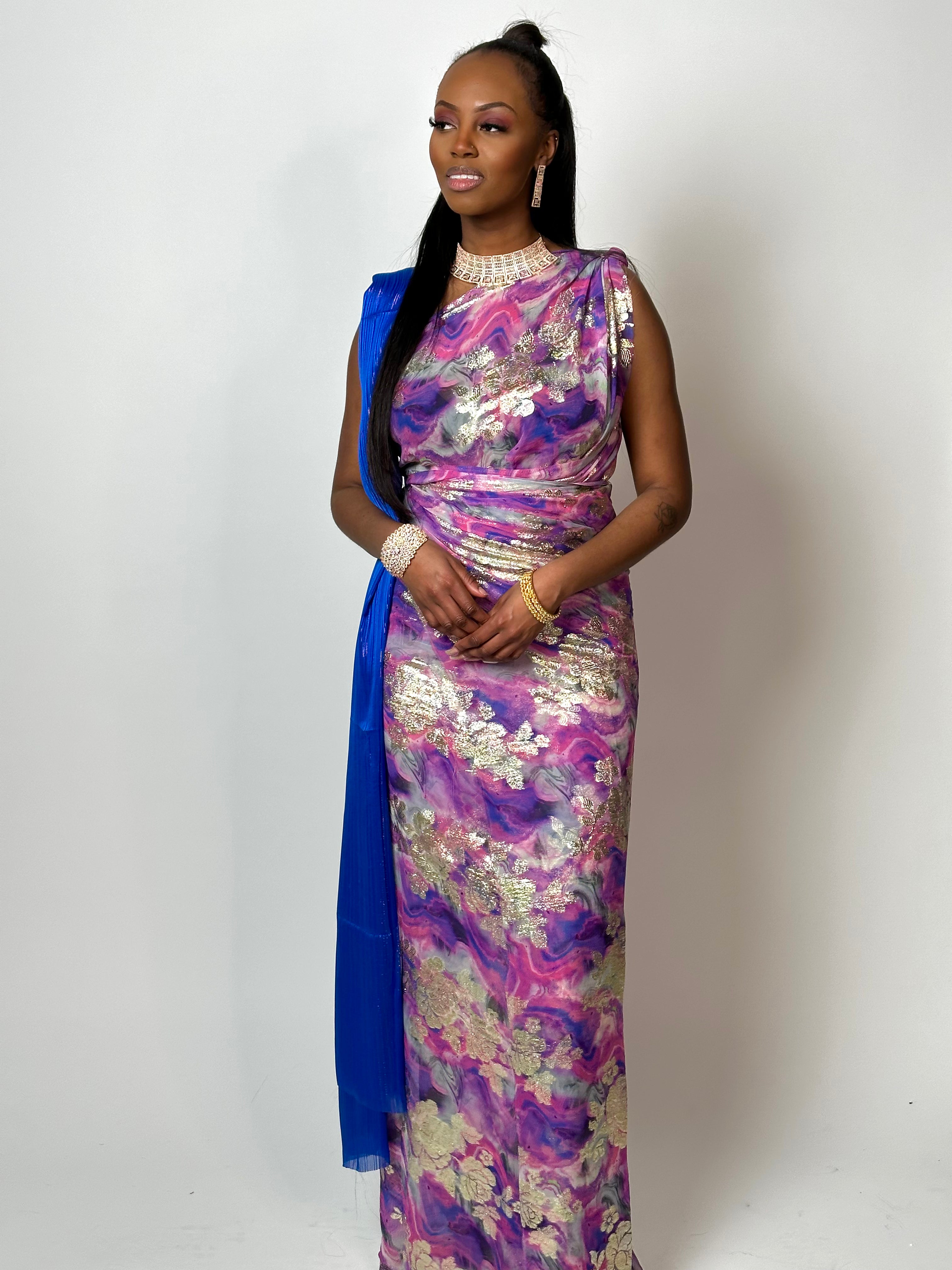 Elegant Purple and Pink Somali Dirac with Royal Blue Accents - Traditional African Scarf for Women, Perfect for Weddings, Parties, and Cultural Events