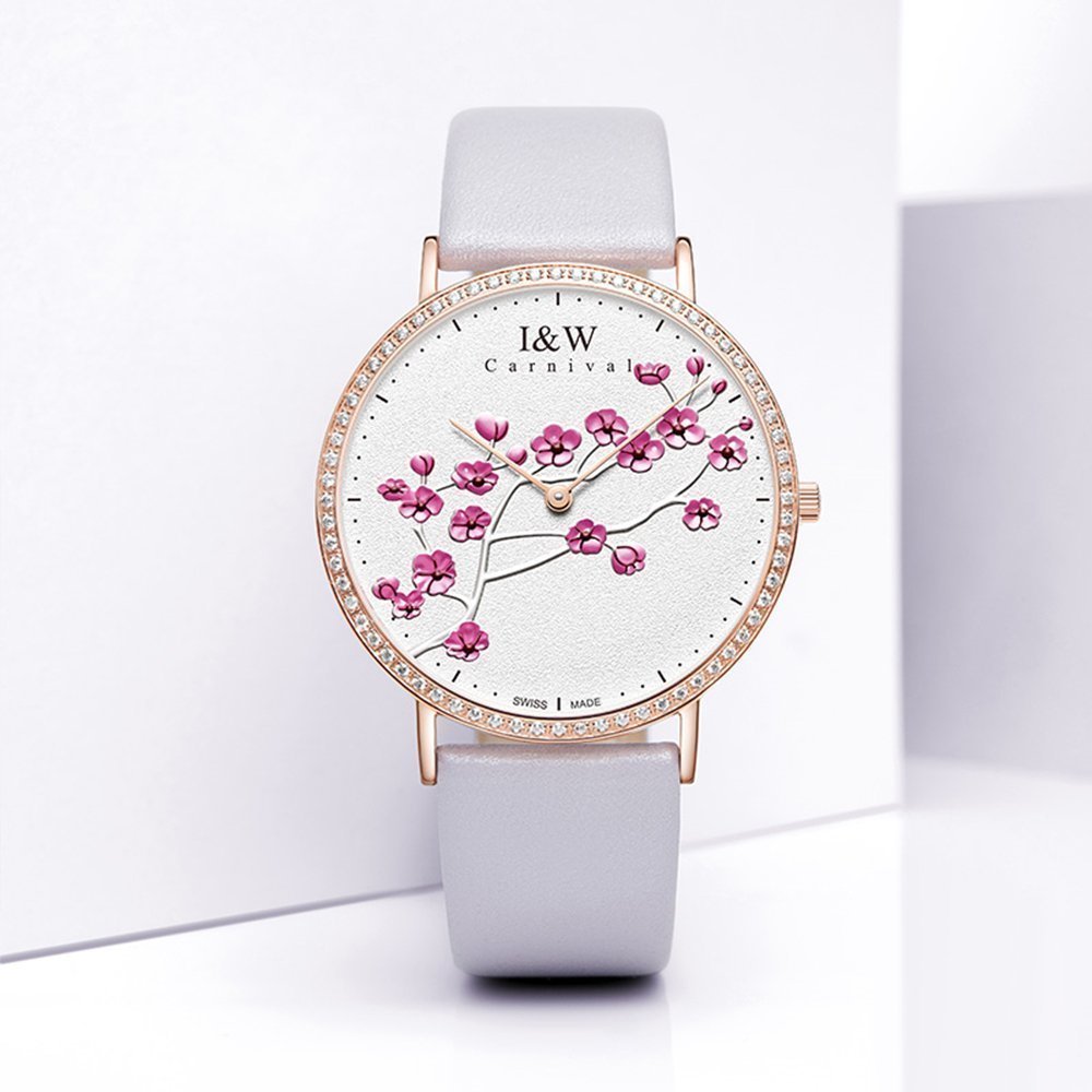 MASTOP Women's Ultra Thin Quartz Watch - Luxury Leather Strap, Large White Dial with Plum Floral Pattern - Elegant Dress Watch for Office, Party & Everyday Wear
