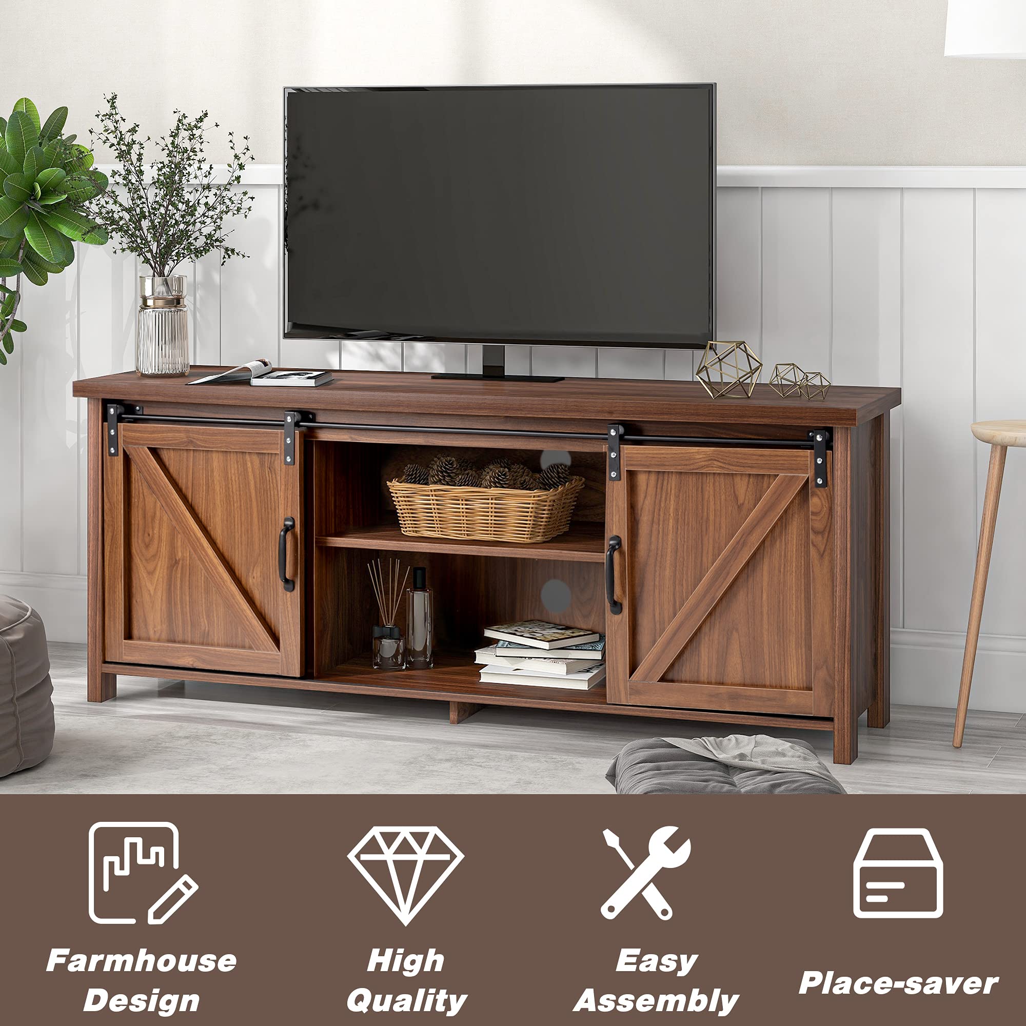 Modern Farmhouse TV Stand with Sliding Barn Doors - 65 Inch Entertainment Center Console with Storage Cabinet, 58