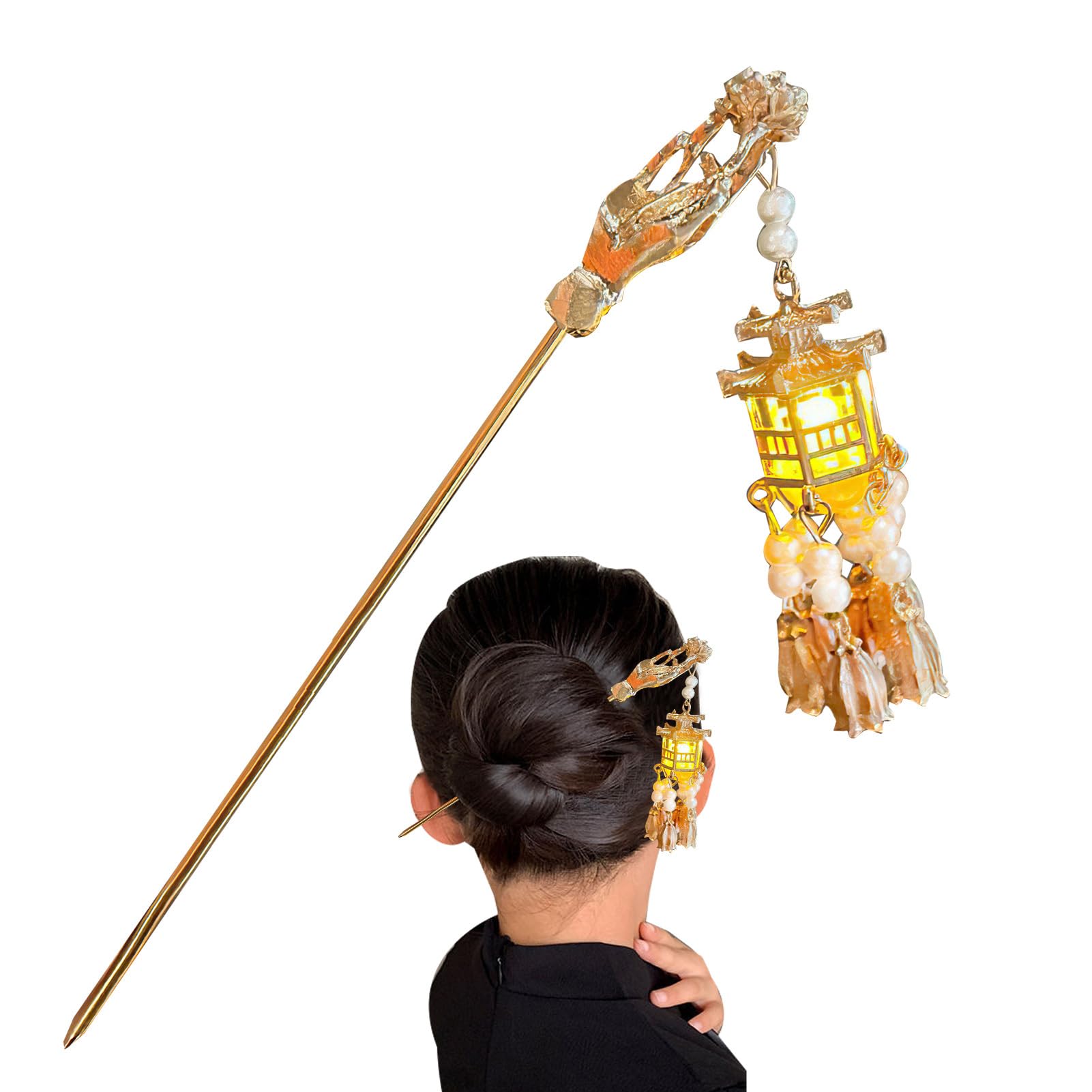 Glowing Hair Sticks with Jewel & Lantern Tassel - Vintage Chinese Style Hair Jewelry for Bun, Updo & Wedding Hairstyles - Ancient Inspired Hair Accessories for Cosplay, Bridal & Special Occasions