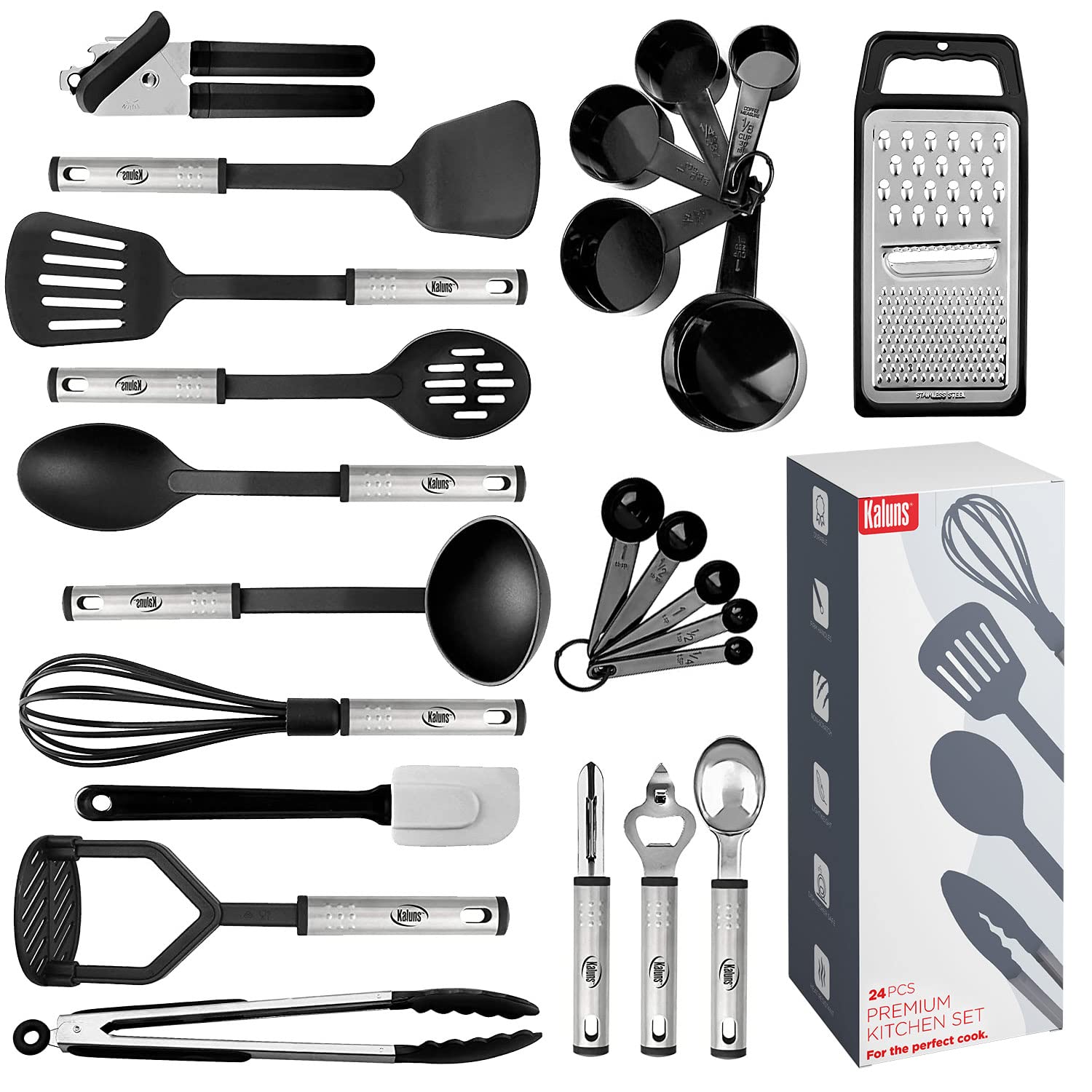 24-Piece Nylon & Stainless Steel Kitchen Utensil Set - Non-Stick, Heat Resistant Cooking Tools with Spatula, Spoon & Turner - Perfect for Pots, Pans & Everyday Cooking (Black)