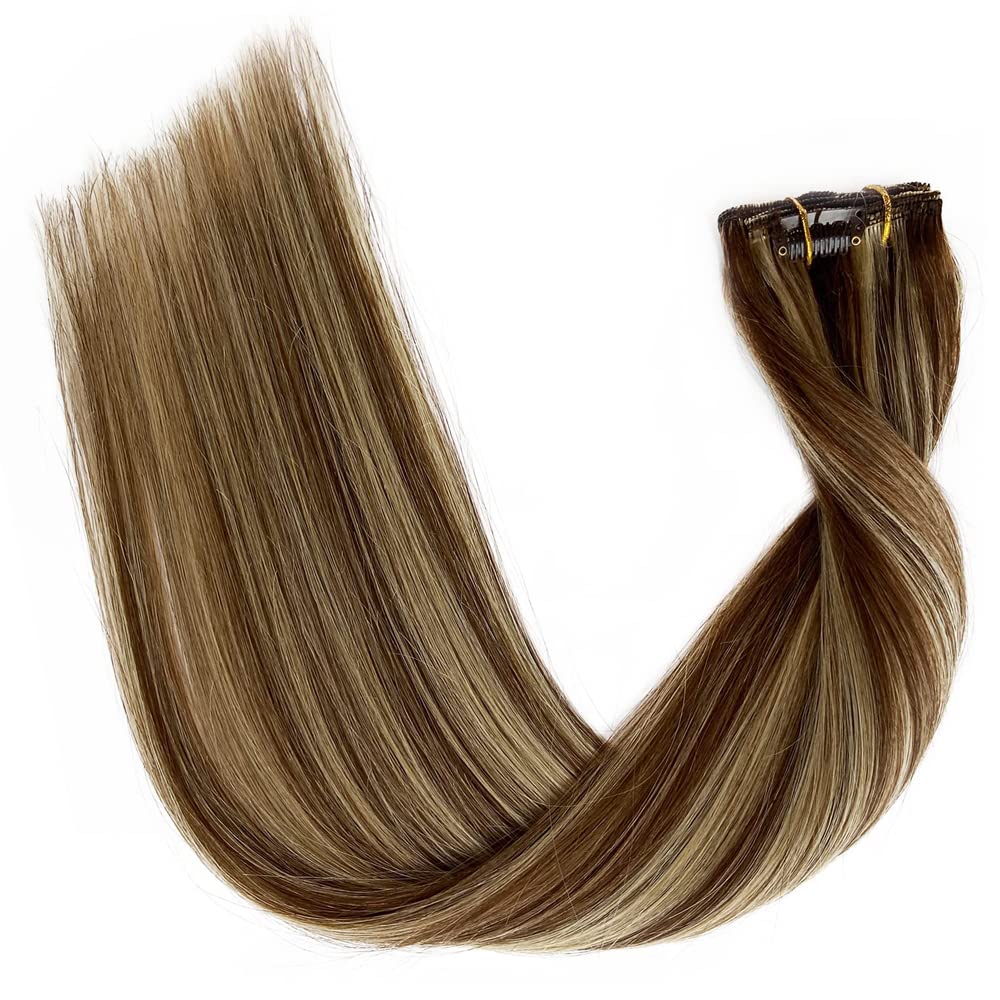 22 Inch Human Hair Clip-In Extensions - Balayage Chestnut Brown to Bleach Blonde Highlights | Soft Straight Thick Hair Wefts for Women | Perfect for Parties, Weddings & Daily Styling