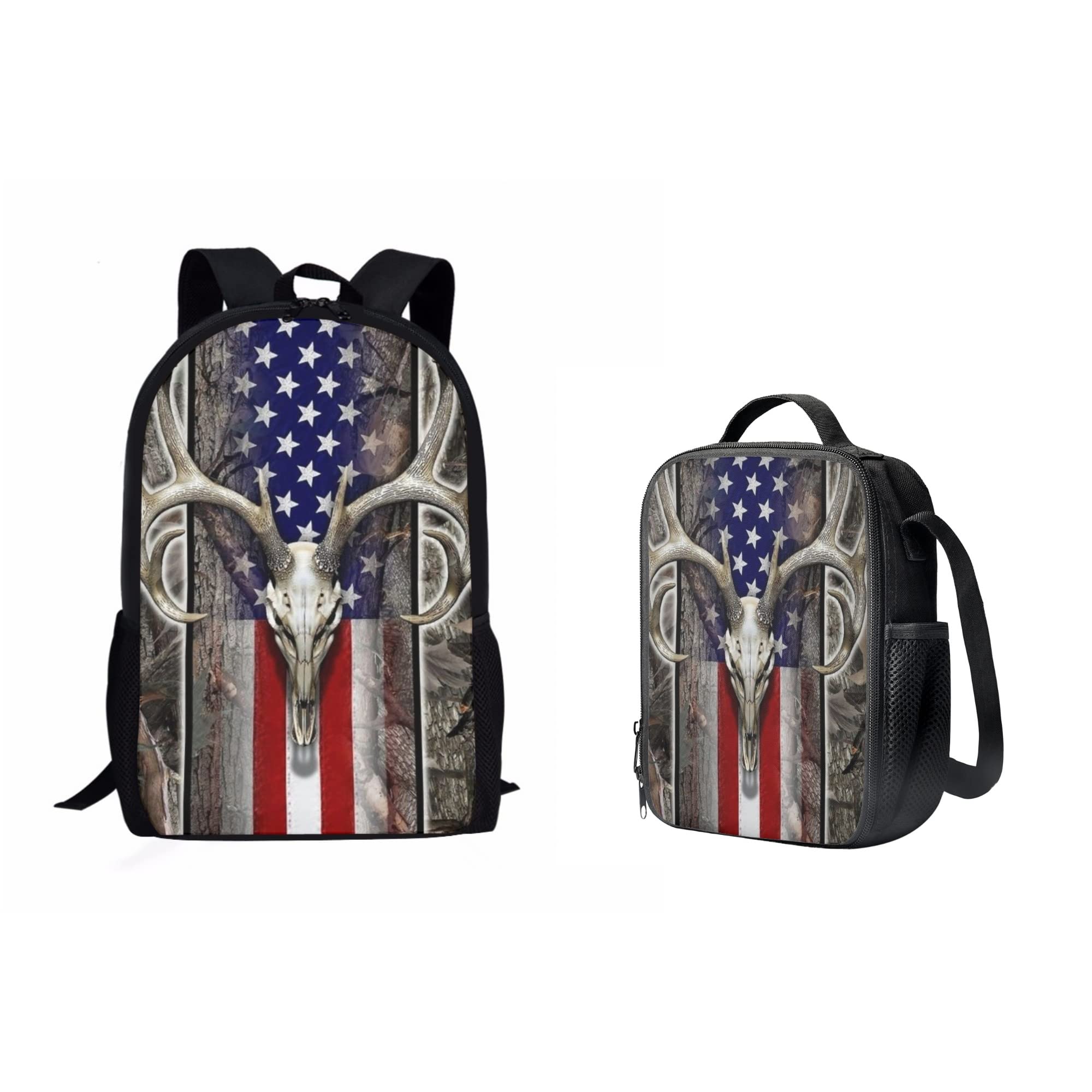 Bulopur Deer USA Flag Backpack Set for Teen Girls - American Flag Antlers Bookbag with 2Pcs Lunch Bag, Patriotic School Backpack for Students - Perfect for Independence Day, School, Travel & Outdoor Adventures