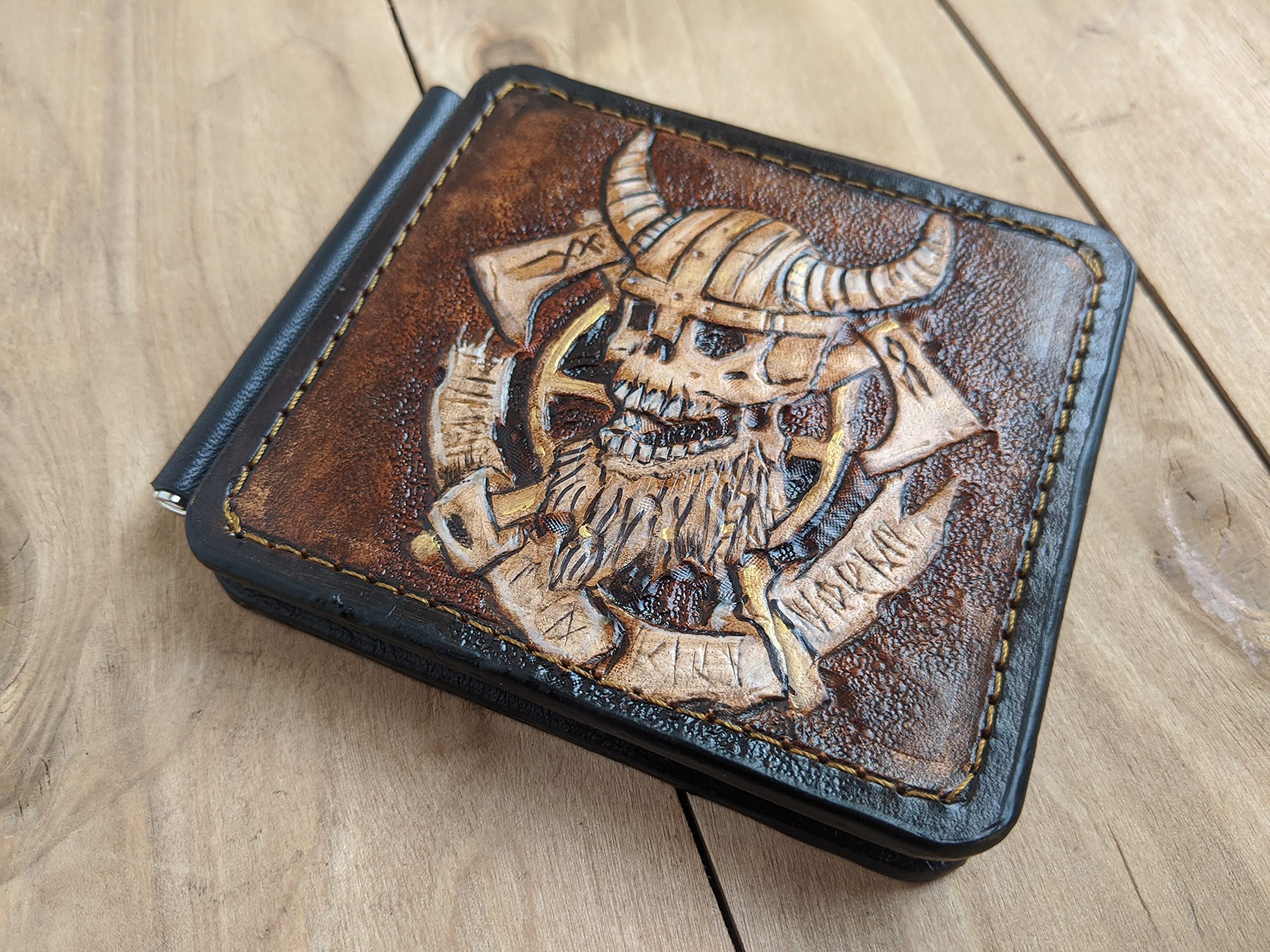 Viking Warrior 3D Genuine Leather Wallet for Men - Handmade Carved Money Clip with Norse Axes, Odin, Runes & Crow Design - Custom Personalized Airbrush Art Tooled Skeleton Skull Wallet - Perfect for Viking Lovers, Collectors & Unique Gift Ideas