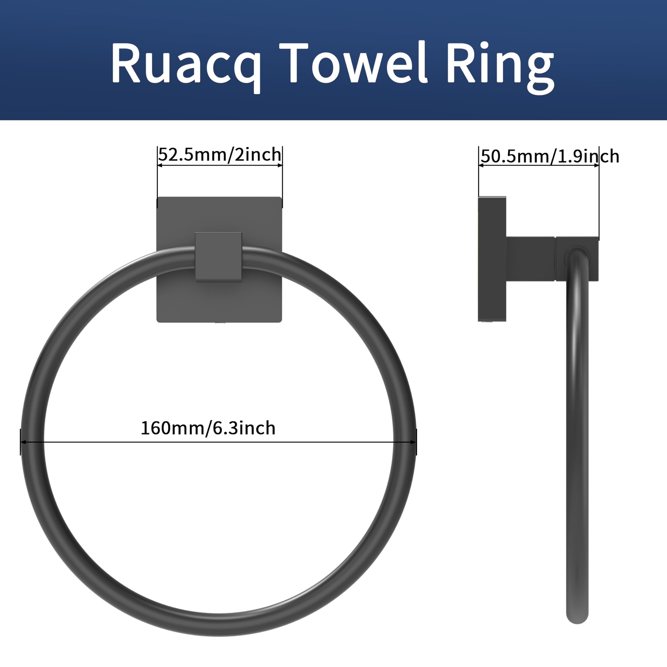 Matte Black Square Base Stainless Steel Towel Ring Holder - Modern Wall Mounted Bathroom Towel Hanger for Hand & Kitchen Towels (Rustproof, Durable) - Perfect for Bathrooms, Kitchens, and Powder Rooms
