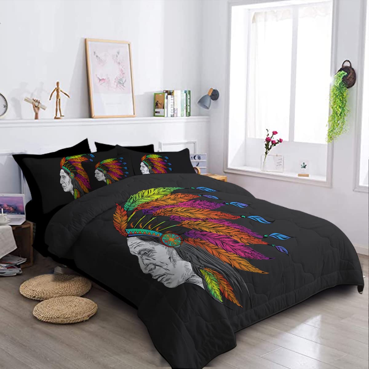 BlessLiving Native American King Comforter Set - 8 Piece Indian Chief Bedding Set with Comforter & Sheets in Black & Colorful Feather Design | Perfect for Southwest, Bohemian & Tribal Themed Bedrooms