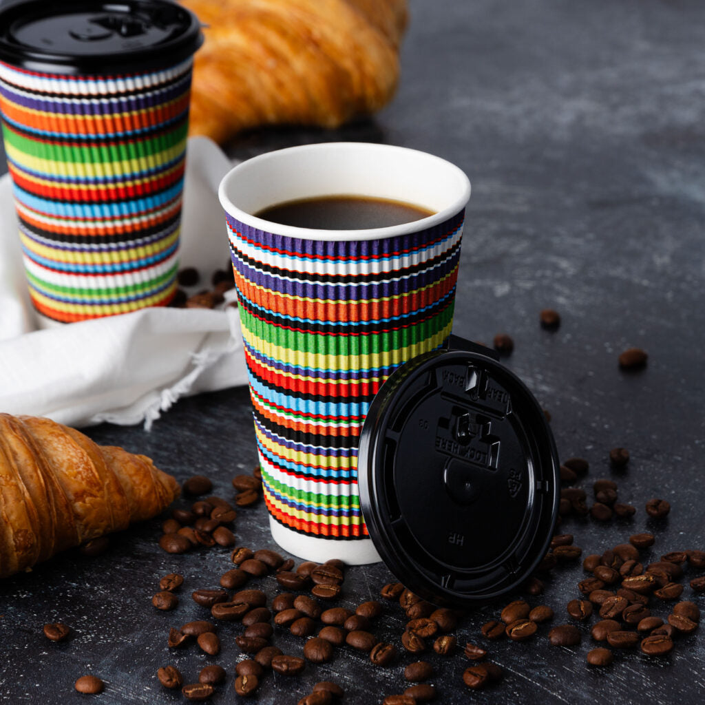 Eco-Friendly Insulated Ripple Color Striped Paper Coffee Cups with Lids - 12oz Hot/Cold Beverage Containers for Office, Cafe, and Home Use