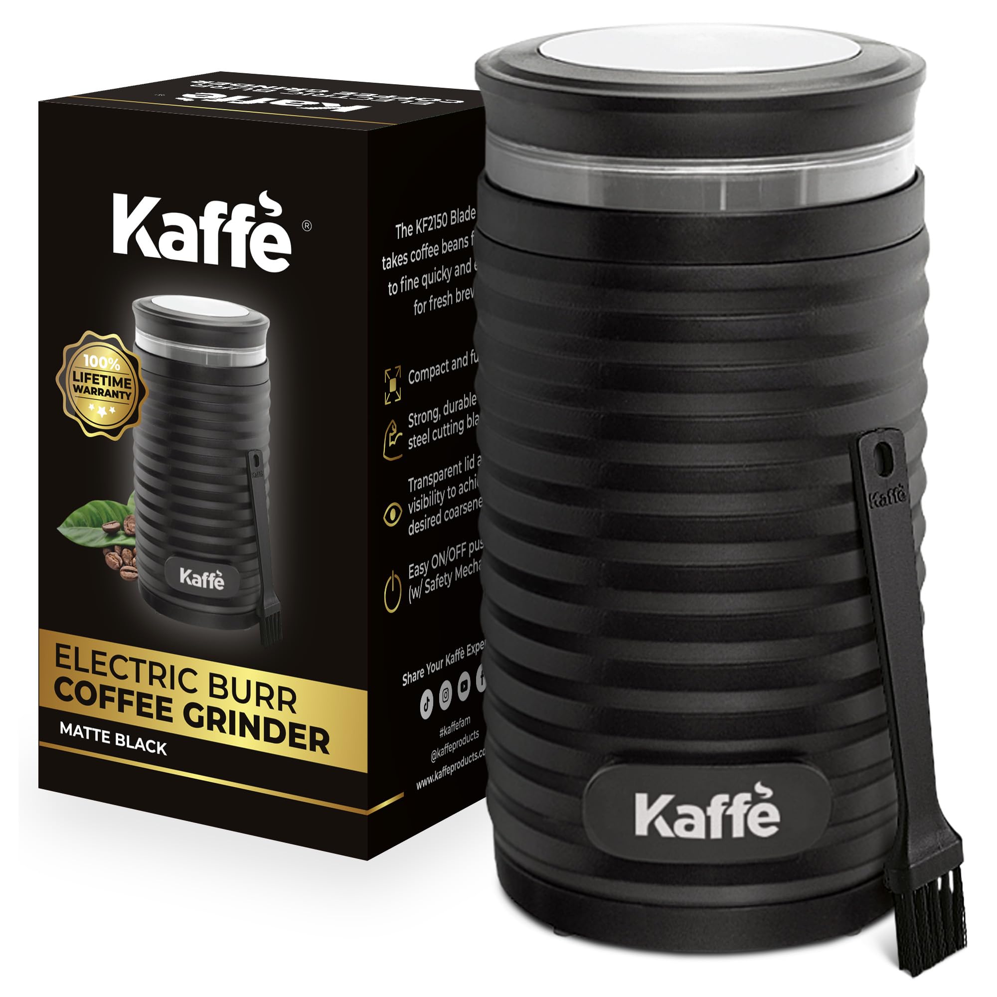 Kaffe Electric Coffee Grinder with Cleaning Brush - Compact 3.5oz Capacity for Espresso, French Press & Drip Coffee - Grinds Beans, Herbs, Spices, Nuts & Seeds - Easy One-Touch Operation - Matte Black Modern Design - Perfect for Home Kitchen, Office & Camping Use