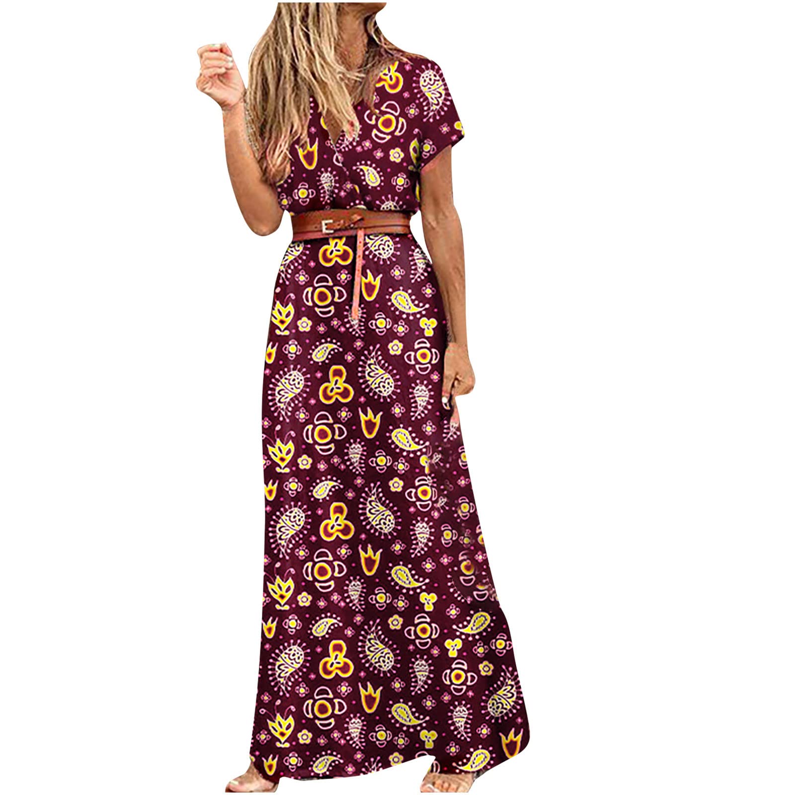 2024 Women's Bohemian Floral Print Maxi Dress - V Neck Short Sleeve Summer Beach Dress with Belt | Casual Sundress for Vacation, Party & Outdoor Wear