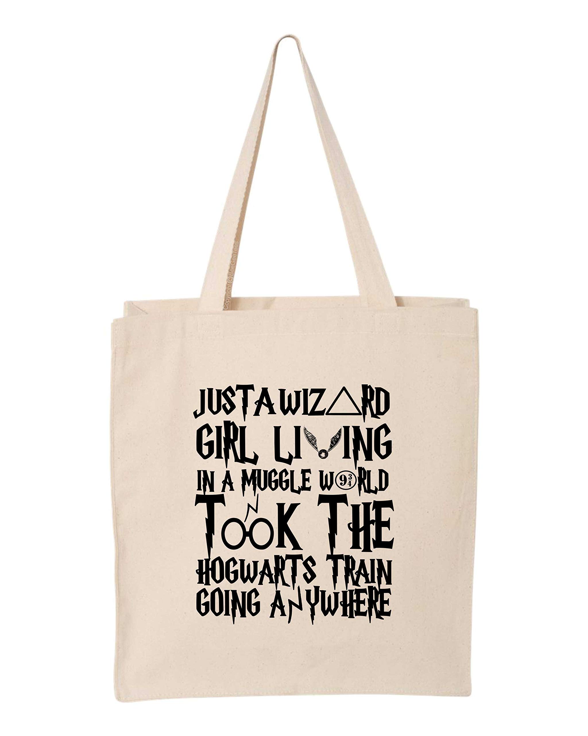 Funny Wizard Girl Train Tote Bag - Magic Themed Canvas Book Bag for Women (14x15x4 inches) - Perfect for School, Travel & Fantasy Conventions