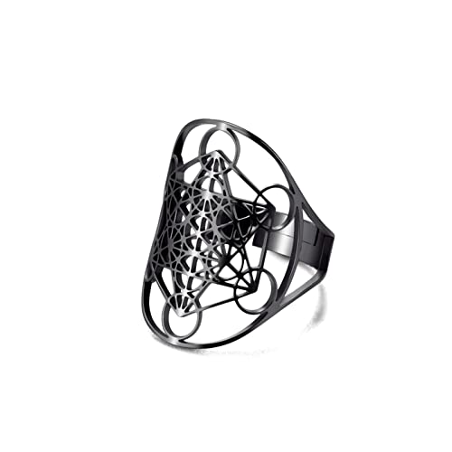 Amaxer Metatron's Cube Ring - Archangel Metatron Protection Statement Stainless Steel Open Band Jewelry for Women | Spiritual Gift, Meditation Accessory, Unique Fashion Statement