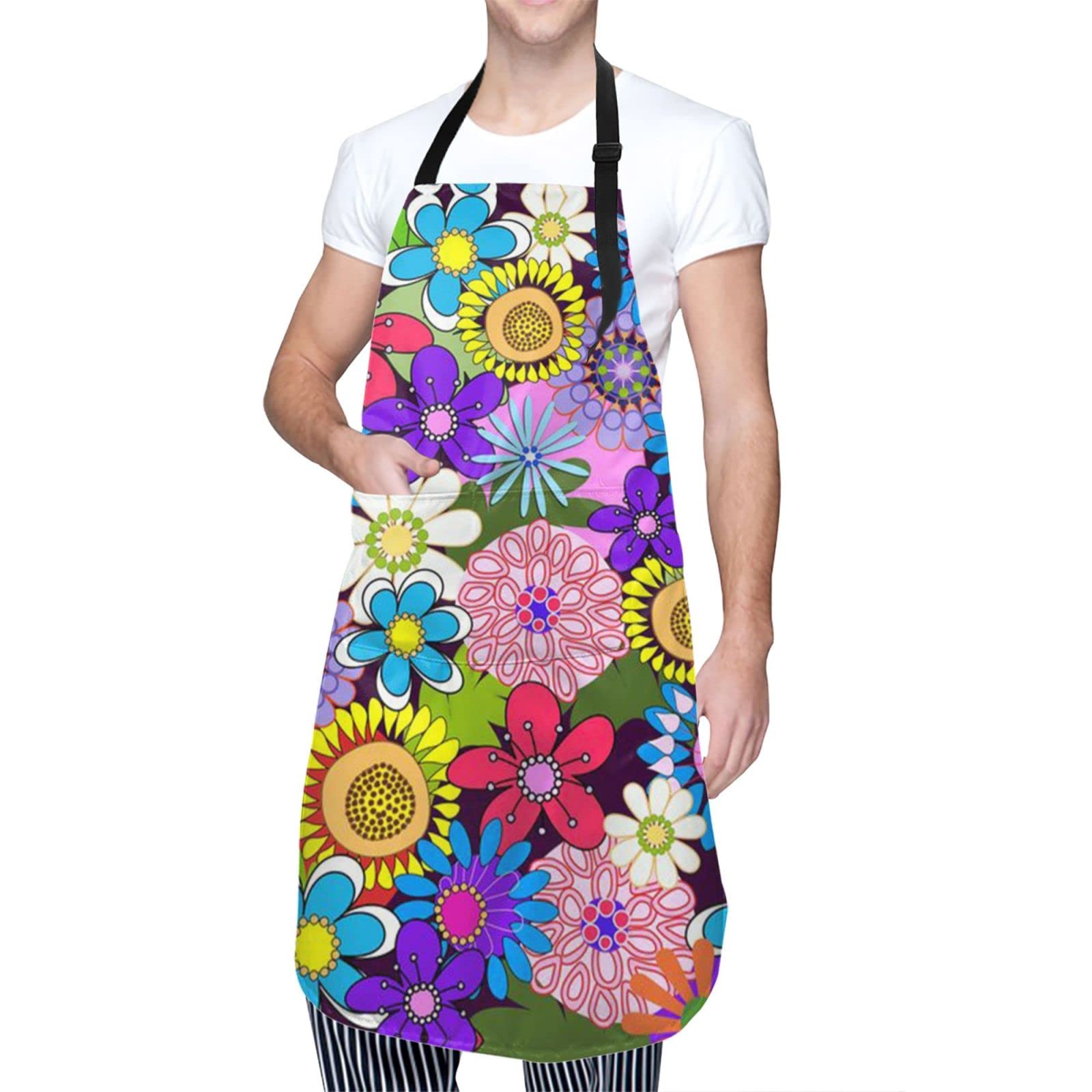 Waterproof Daisy Flower Apron with 2 Pockets - Adjustable Kitchen Bib Apron for Men & Women - Perfect for Cooking, Baking, BBQ and Home Kitchen Use