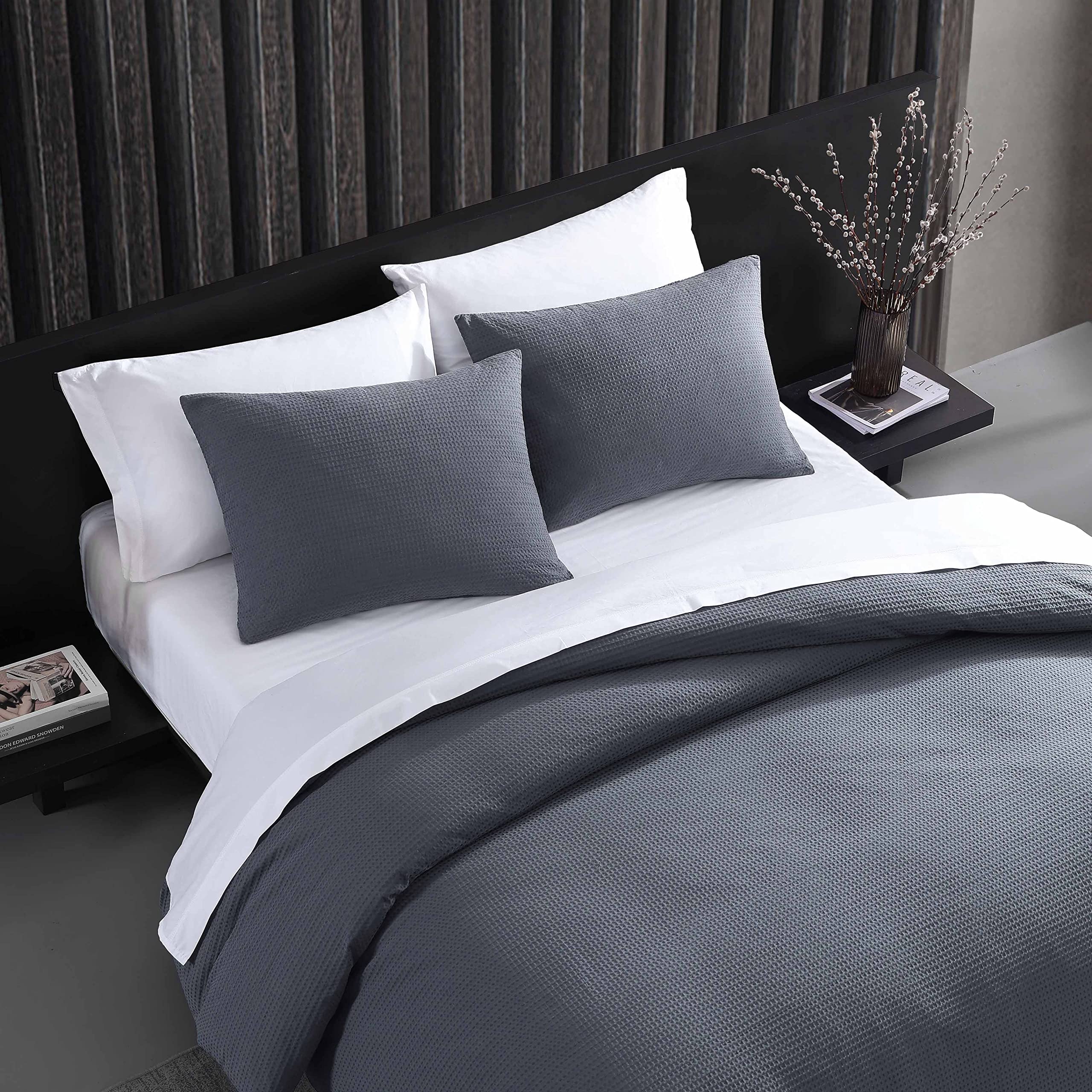 Vera Wang King Duvet Cover Set - 100% Soft Cotton Luxury Bedding with Matching Shams, Button Closure, Waffle Pique Midnight Design | Elegant Bedroom Decor for Master Suite, Guest Room & Hotel Style Upgrade