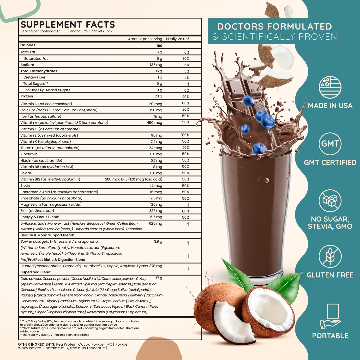 SuperFood Meal Replacement Protein Powder for Women - All-In-One Shake with Greens, Vitamins & Collagen | Chocolate Flavor, No Added Sugar | Supports Women's Health, Energy, Focus & Beauty | Perfect for Breakfast, Post-Workout or Healthy Snack (1 Sample Packet, Chocolate)