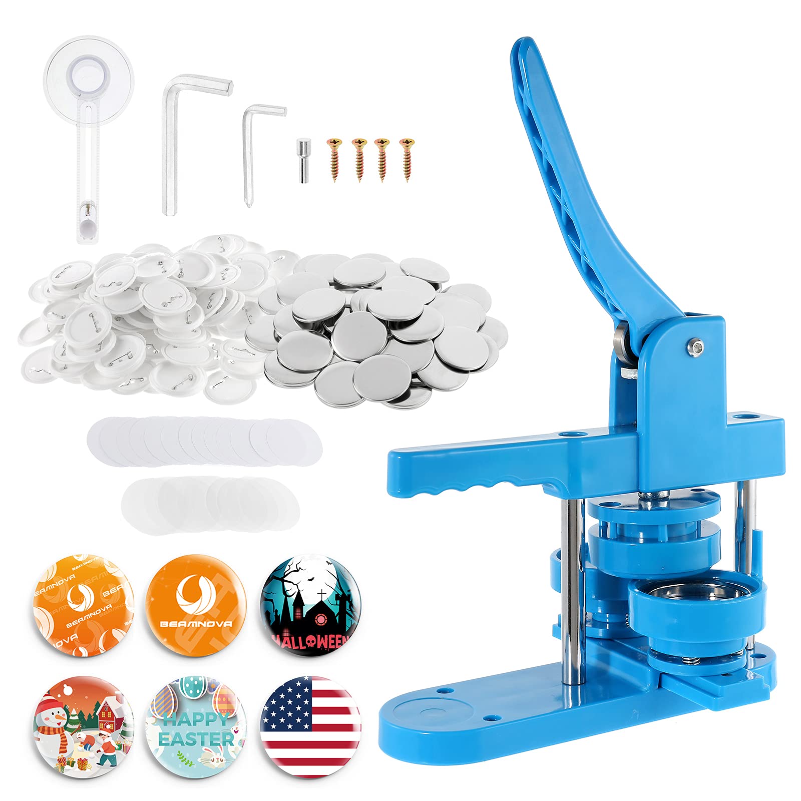 BEAMNOVA 58mm Round Pin Button Maker Machine Kit with 200 Button Parts - DIY Hand Press Badge Maker for Custom Buttons, Pins & Badges (Blue, 2.28 Inch) - Perfect for School Projects, Events, Promotions & Crafting