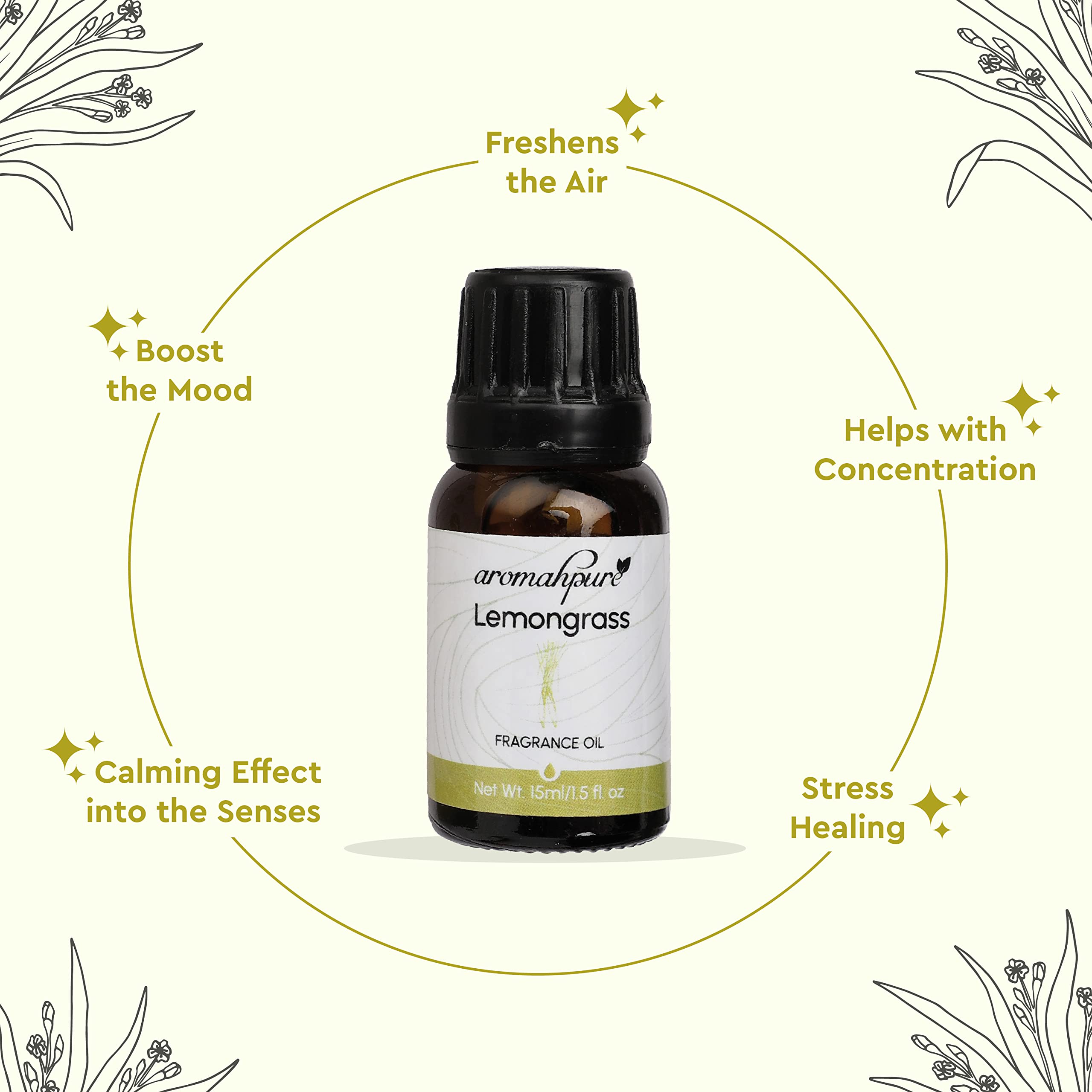 Aromahpure Lemongrass Essential Oil - 15ml | 100% Pure Aromatherapy Oil for Diffusers, Candles & Soap Making | IFRA Certified | Stress Relief & Meditation Aid | Perfect for Home Spa, Yoga & Relaxation