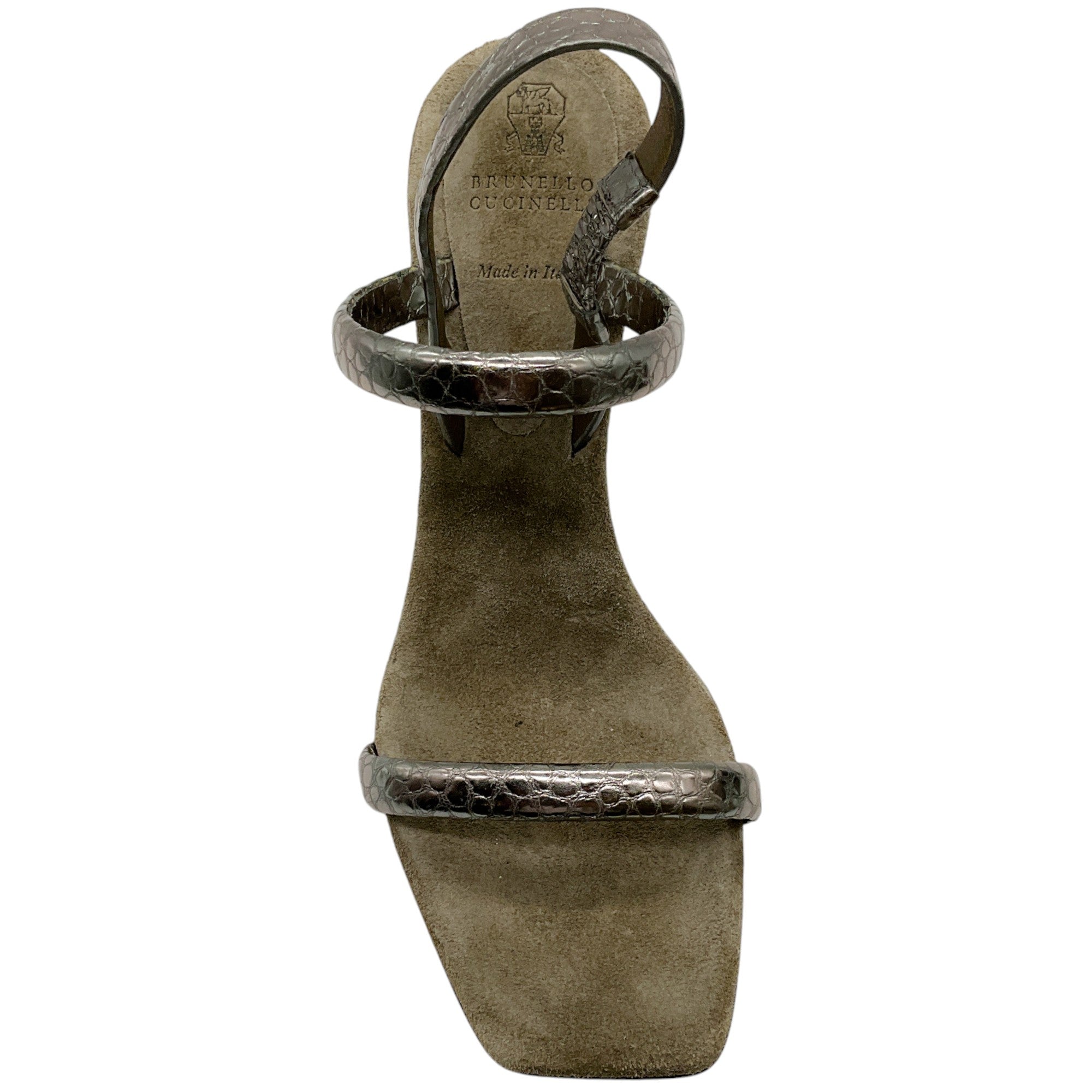 Brunello Cucinelli Women's Embossed Metallic Strap Sandals with Monili Heel - Luxury Designer Summer Shoes for Weddings, Parties & Beach Vacations