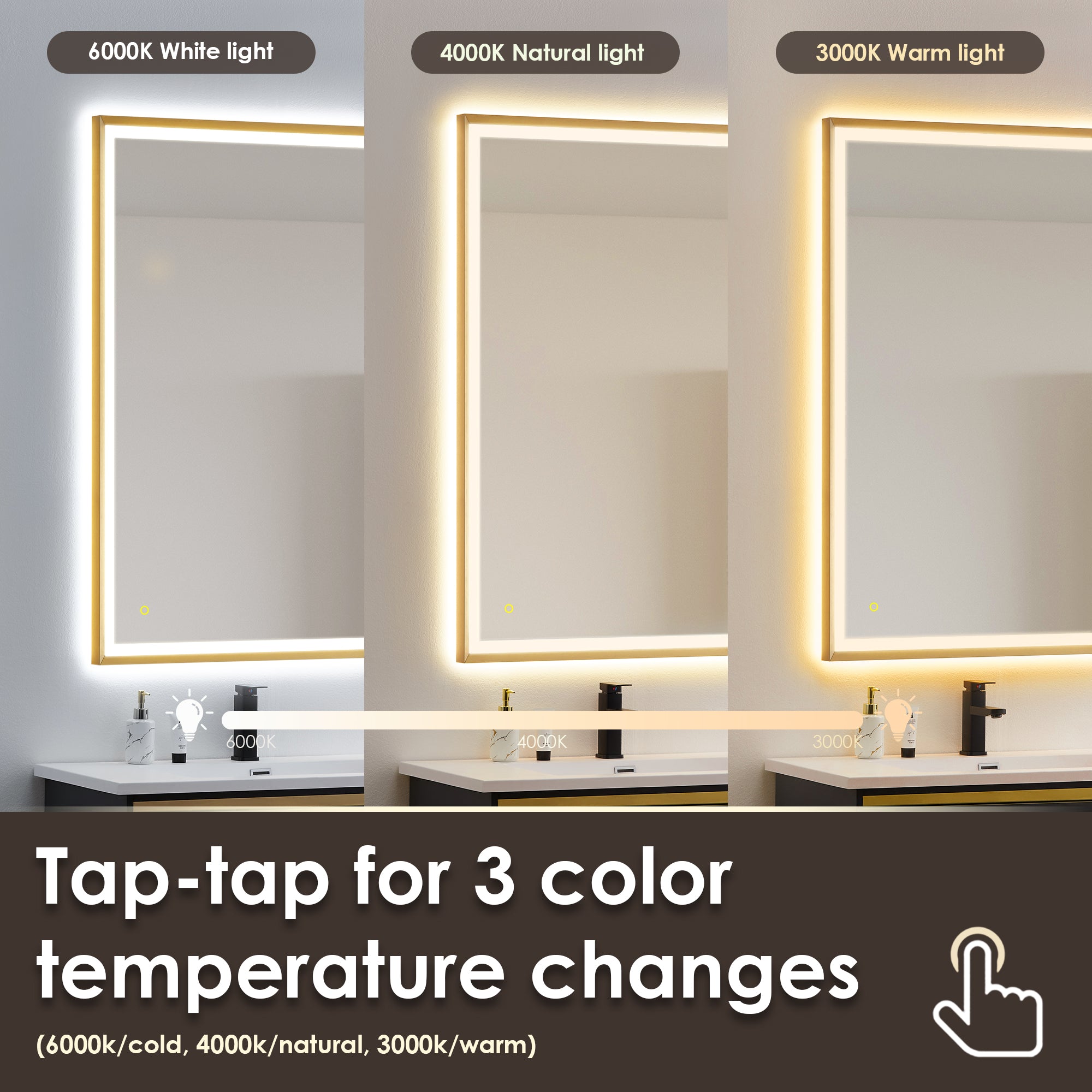 Apollo Rectangular Anti-Fog Dimmable LED Bathroom Mirror - Modern Vanity Wall Mirror with Aluminum Frame - Perfect for Makeup, Shaving & Home Decor