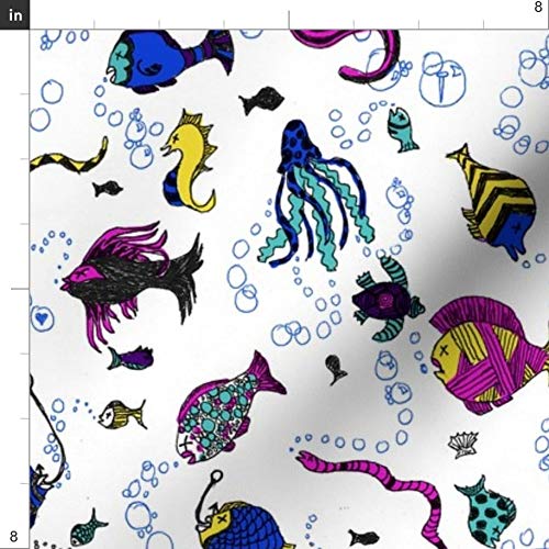 Fishing Fish Sports Playful Bubbles Printed Velvet Upholstery Fabric - Fat Quarter for Home Decor, Apparel & DIY Projects | Water Swimming Stripes Dots Design | Perfect for Curtains, Pillows & Crafting