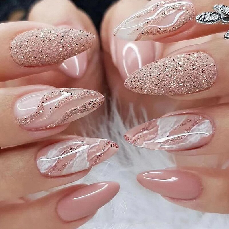 24-Piece Detachable Long Stiletto Fake Nails with Glitter Designs - French False Nails with Glue - Almond-Shaped Press-On Artificial Nails for Parties, Weddings & Special Occasions