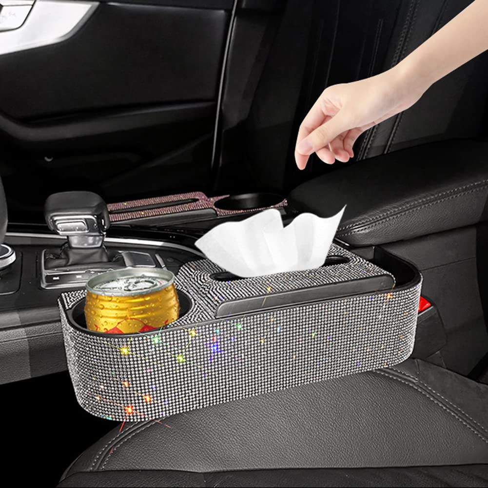 3-in-1 Multifunctional Car Seat Gap Organizer with Rhinestone Decor & Cup Holder - Black Car Storage Accessory for Tissues, Phones & Small Items | Perfect for Sedans, SUVs & Road Trips