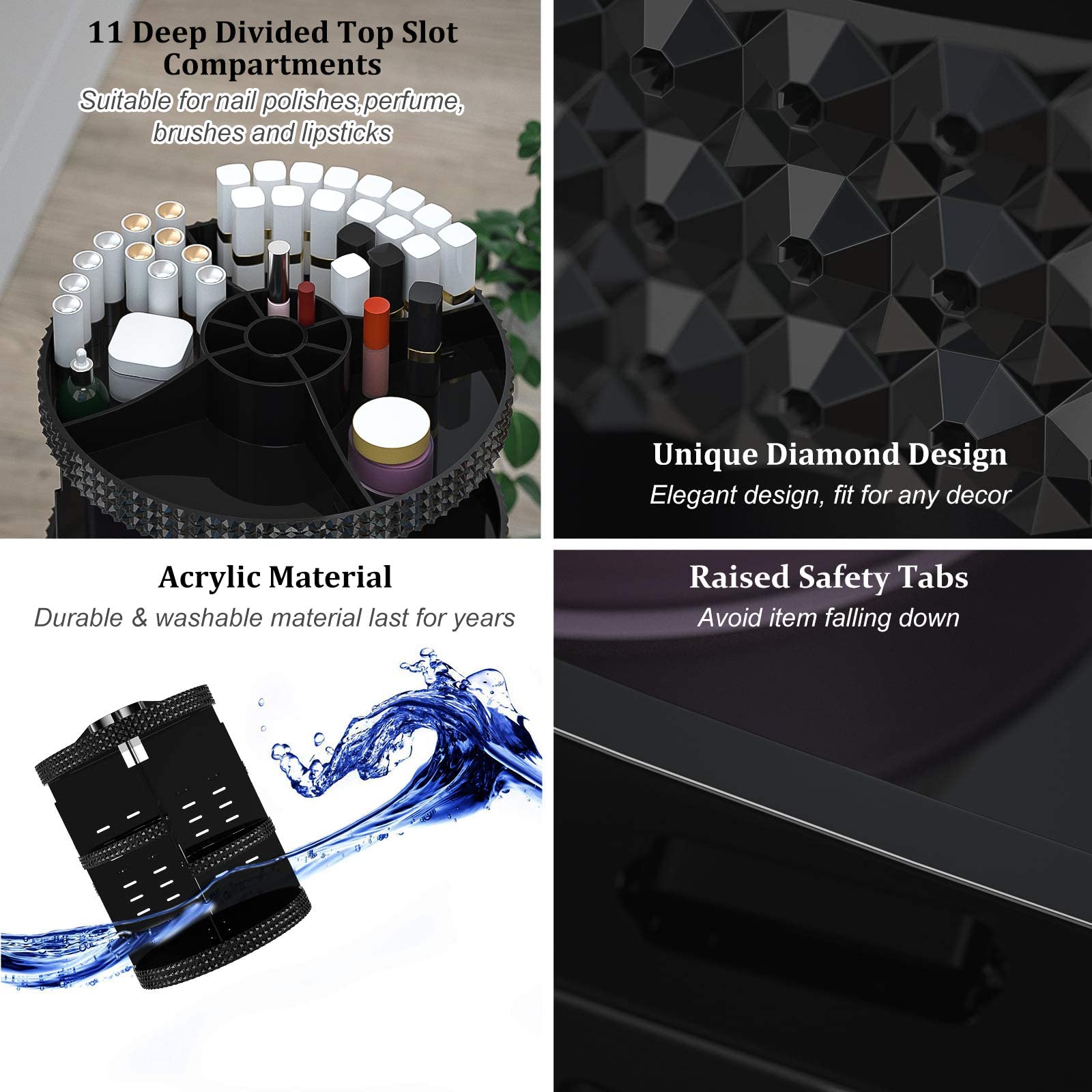 Awenia 360° Rotating Makeup Organizer with Drawer - Acrylic Cosmetic Storage Case for Brushes, Perfume & Jewelry Display (2 Styles, Black) - Perfect Vanity Organizer & Gift for Beauty Lovers | Ideal for Bedroom, Bathroom & Travel Makeup Storage