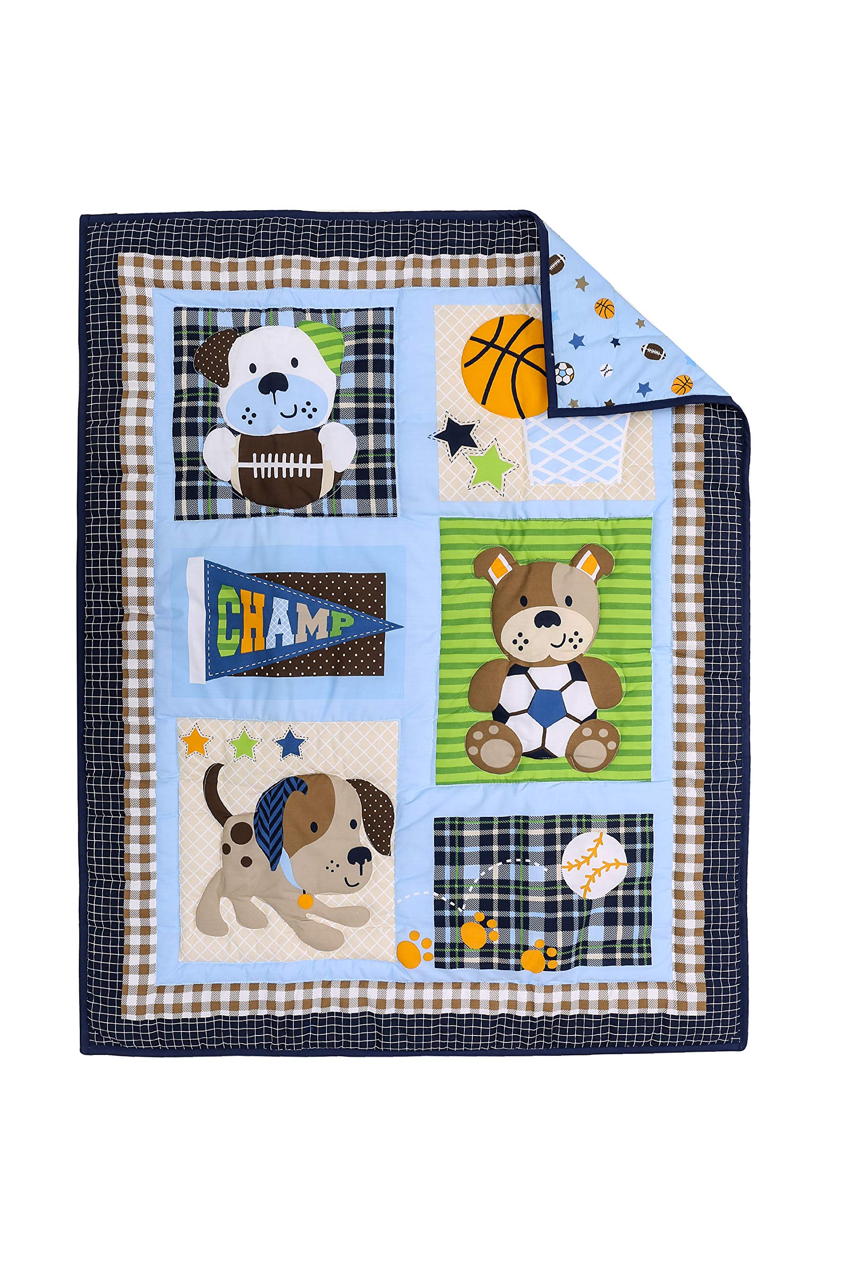 5-Piece Blue & Grey Sports Theme Nursery Crib Bedding Set for Baby Boys - Baseball, Basketball & Soccer Embroidery - Includes Quilt, Fitted Sheet, Crib Skirt, Valance & Changing Pad Cover (28