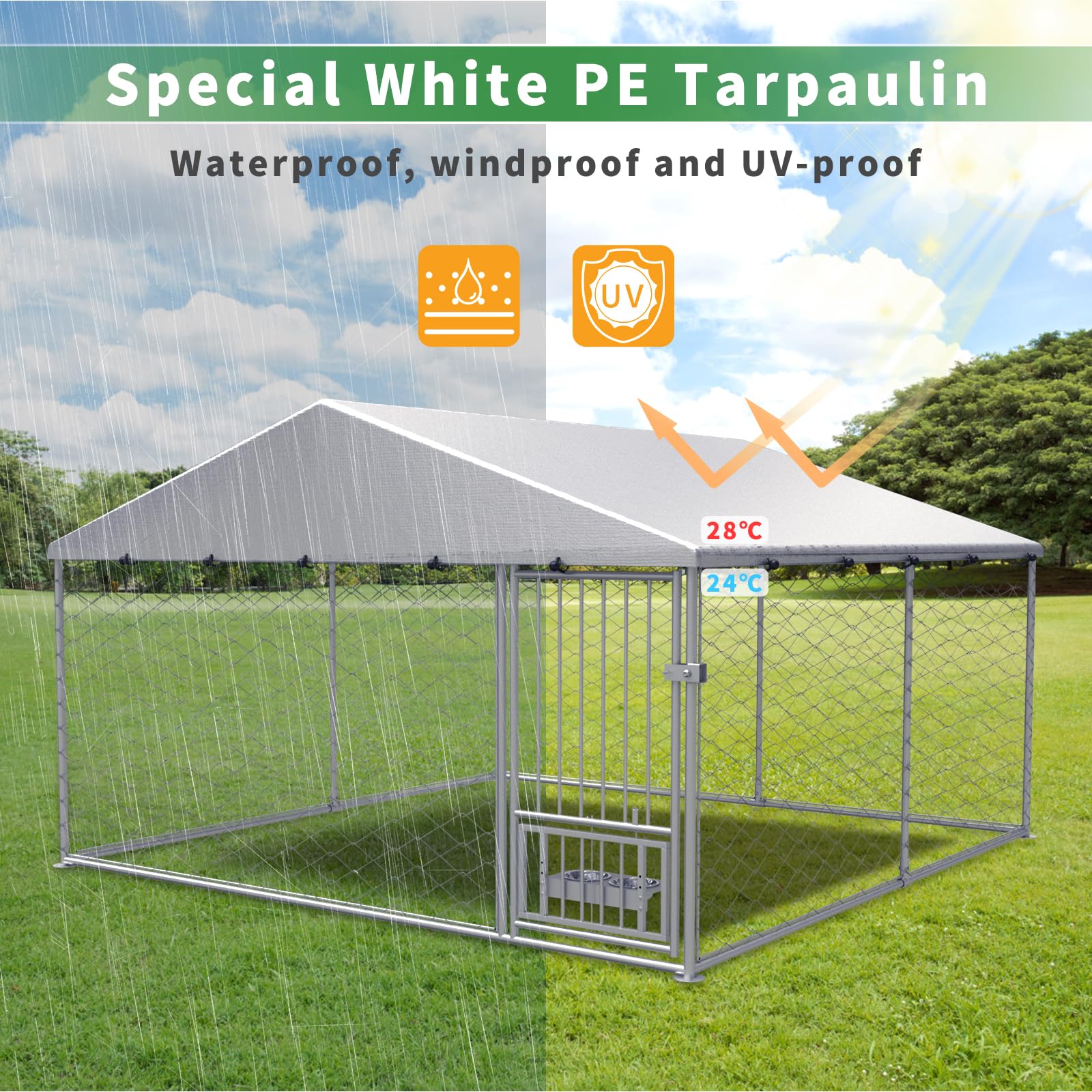 Rovibek 10'×10' Heavy Duty Outdoor Dog Kennel with Roof - Waterproof & Sun-Proof Cover, Includes 2 Stainless Steel Bowls - Perfect for Backyard, Garden, or Patio Dog Runs