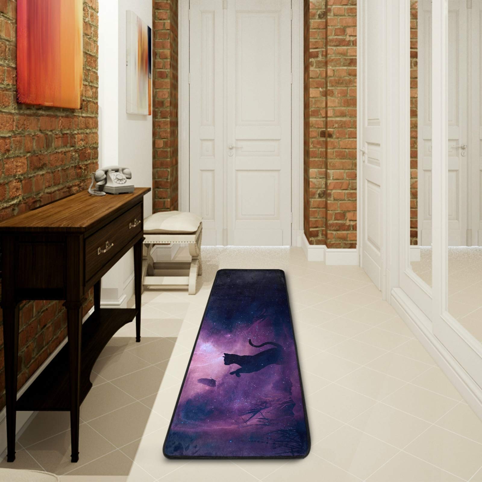 Non-Slip Cat Butterfly Starry Sky Galaxy Runner Rug 2' x 6' - Soft Kitchen Bathroom Carpet, Hallway Entry Doormat for Home Decor & Pet-Friendly Spaces
